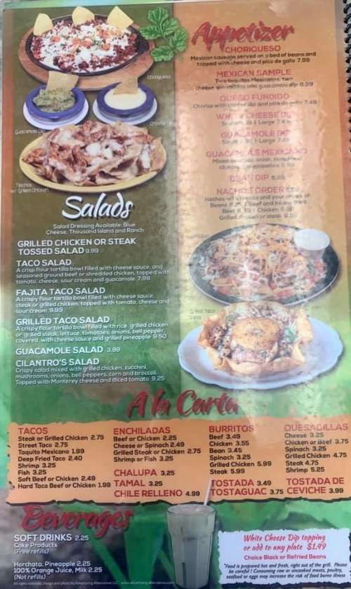 Cilantro's Mexican Grill menu in Lyndon, Kansas, USA