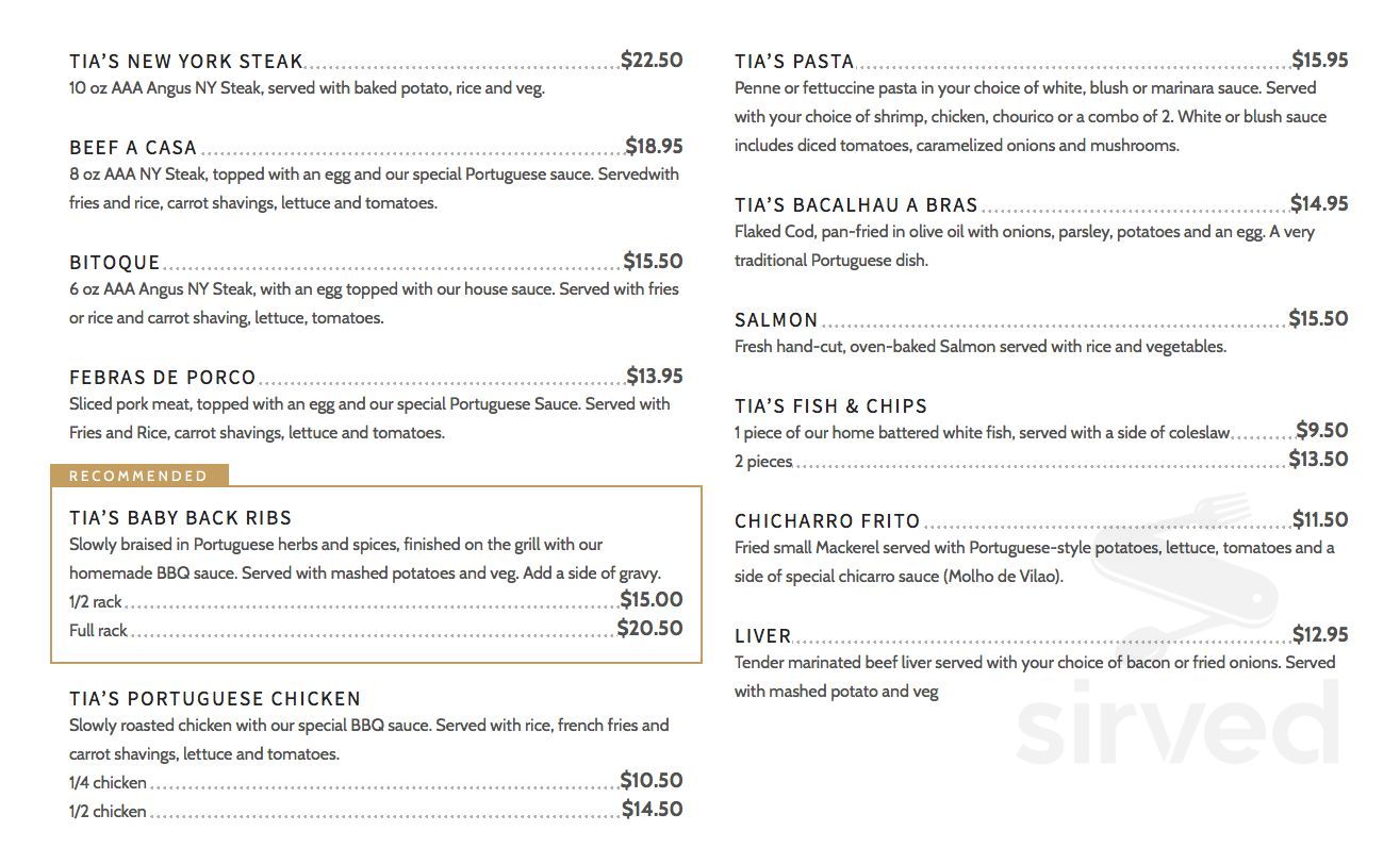 Tia's Place - Portuguese Restaurant menu in Strathroy, Ontario