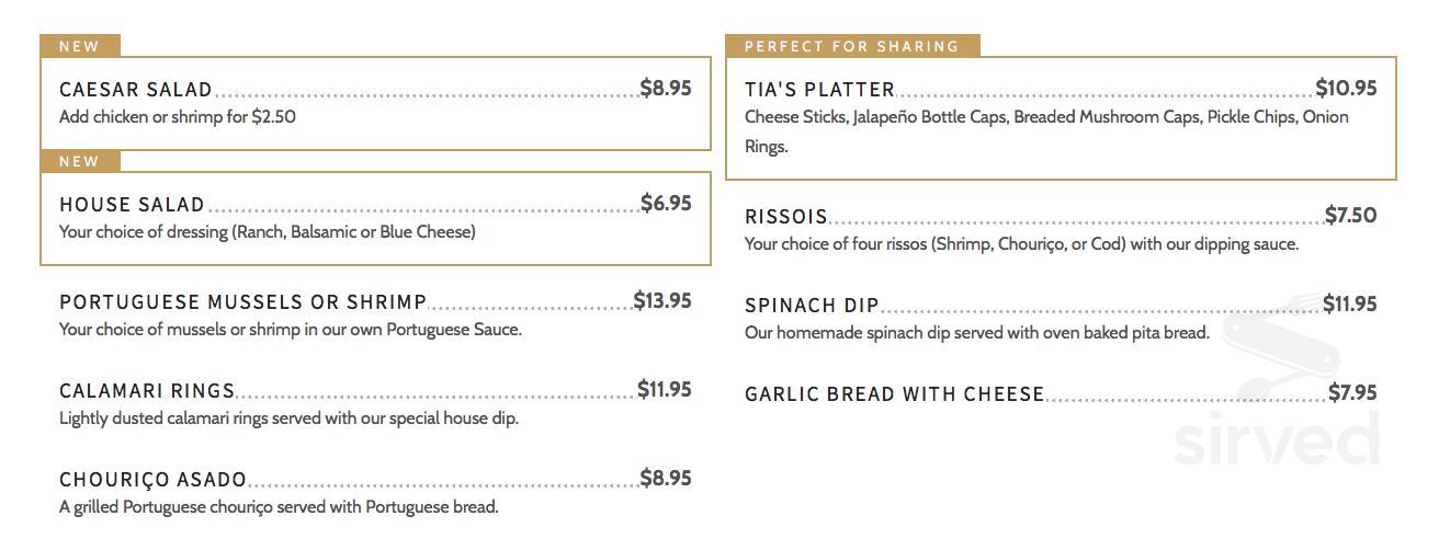 Tia's Place - Portuguese Restaurant menu in Strathroy, Ontario