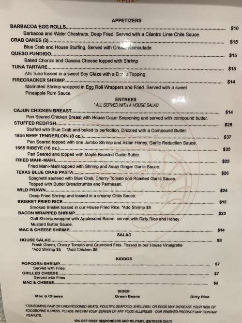 Wild Prawn menu in Rockport, Texas, USA