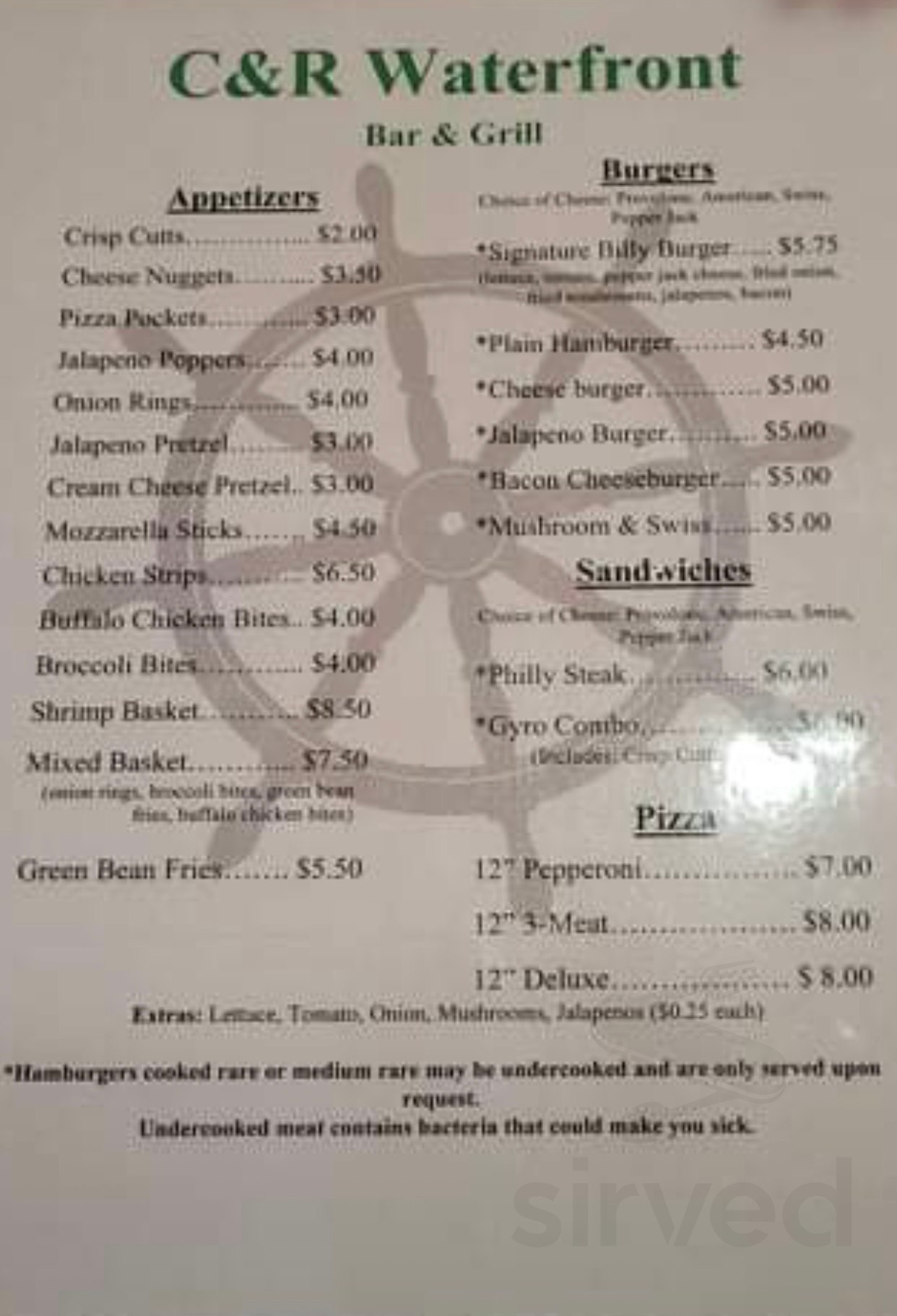 C&R Waterfront menu in New London, Wisconsin, USA