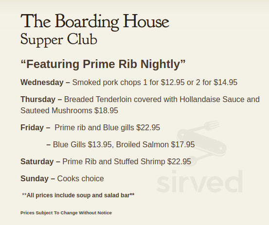 The Boarding House Supper Club specials menu in Suring, Wisconsin