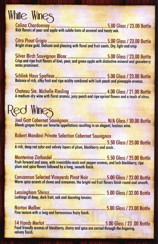 The Boarding House Supper Club drink menu in Suring, Wisconsin