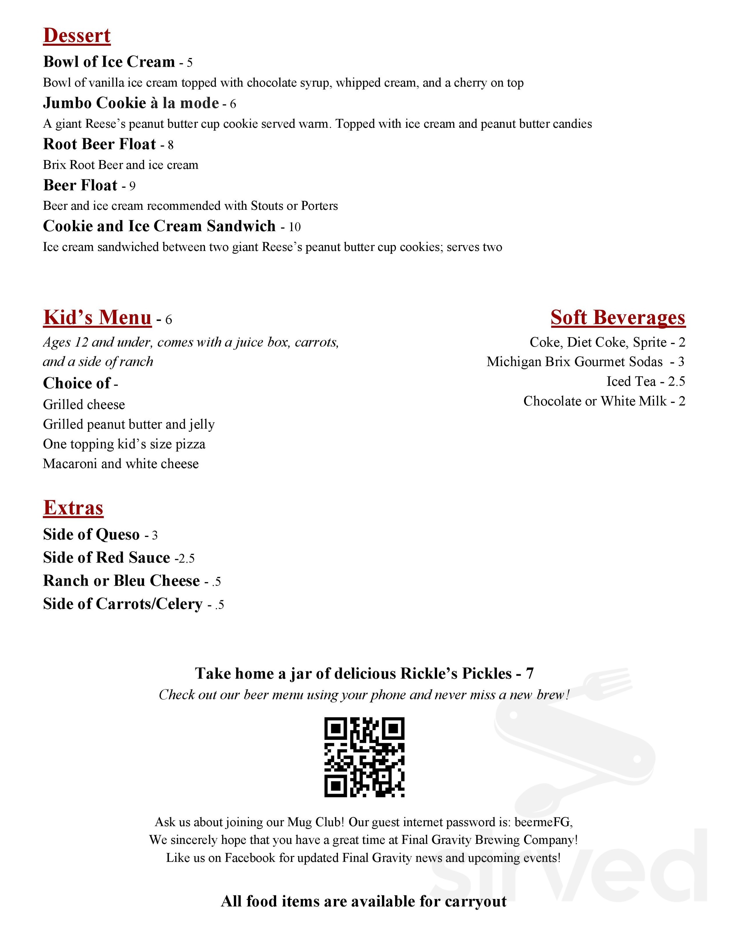 Final Gravity Brewing CompanyKalamazoo, MI menu in Kalamazoo, Michigan