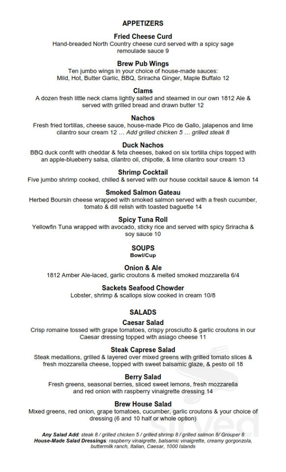 1812 Brewing Co. menu in Sackets Harbor, New York, USA