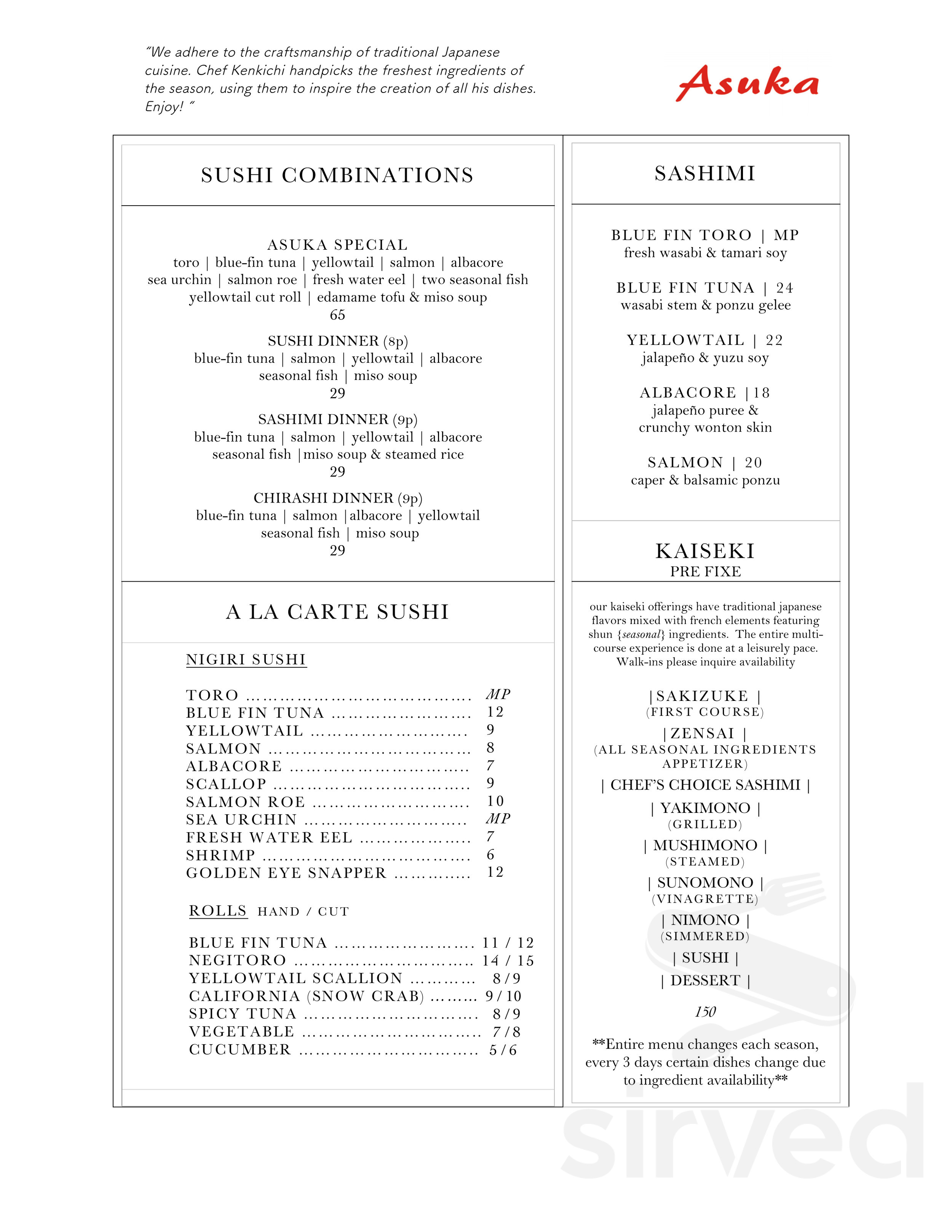 Asuka menu in Los Angeles, California