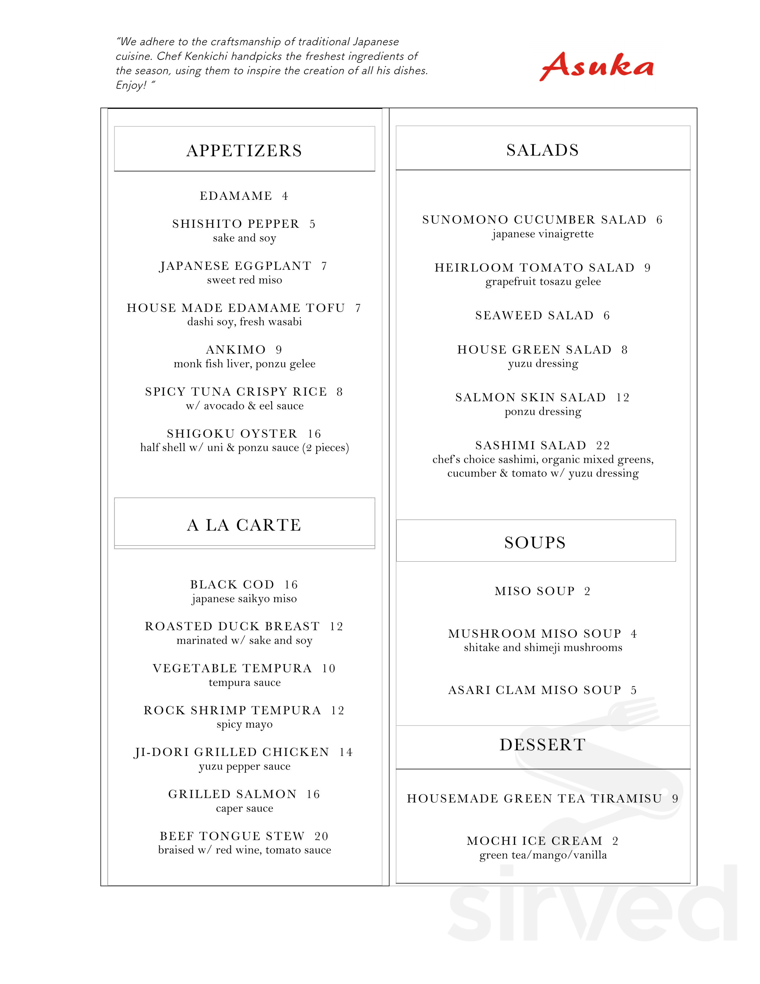Asuka menu in Los Angeles, California