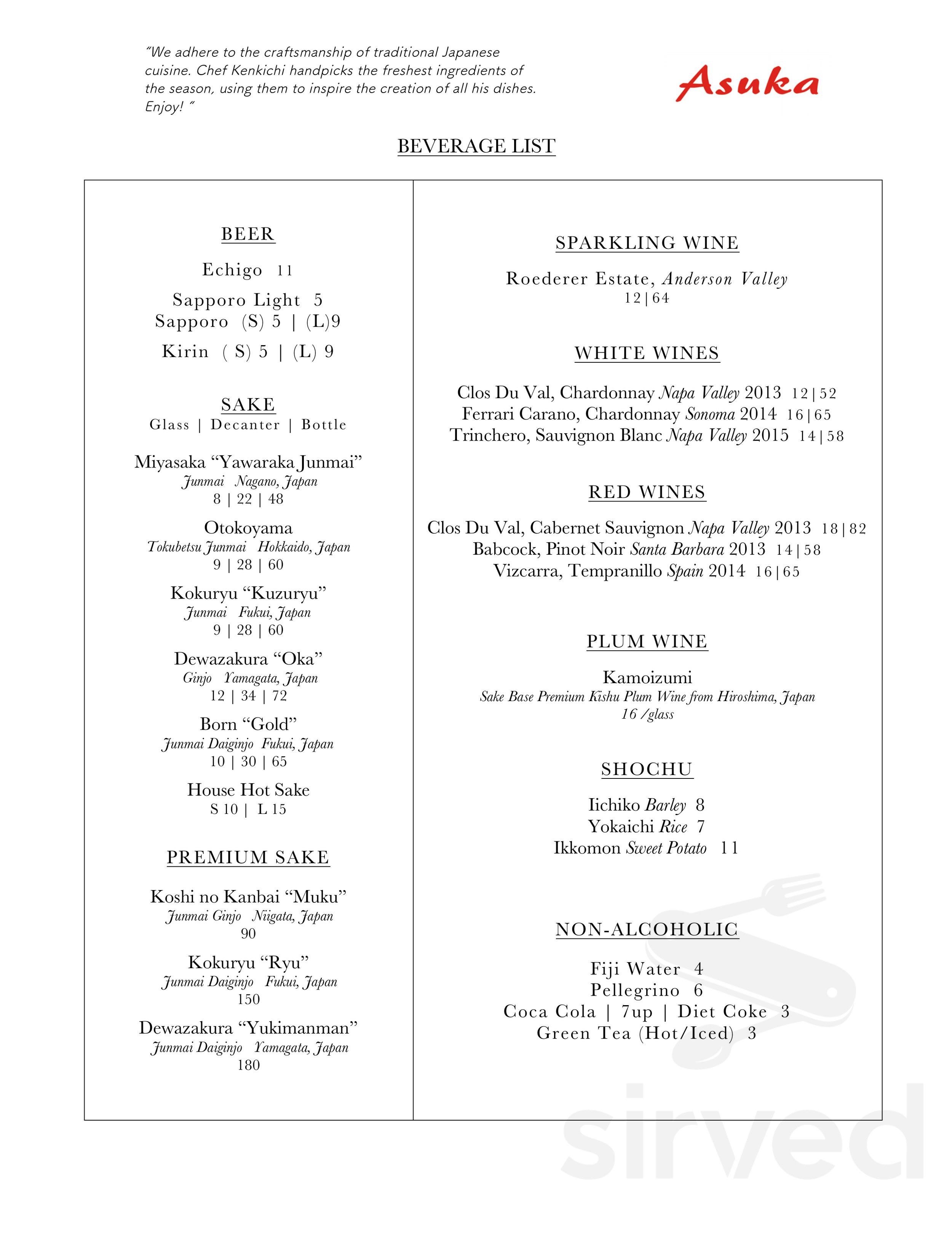 Asuka menu in Los Angeles, California