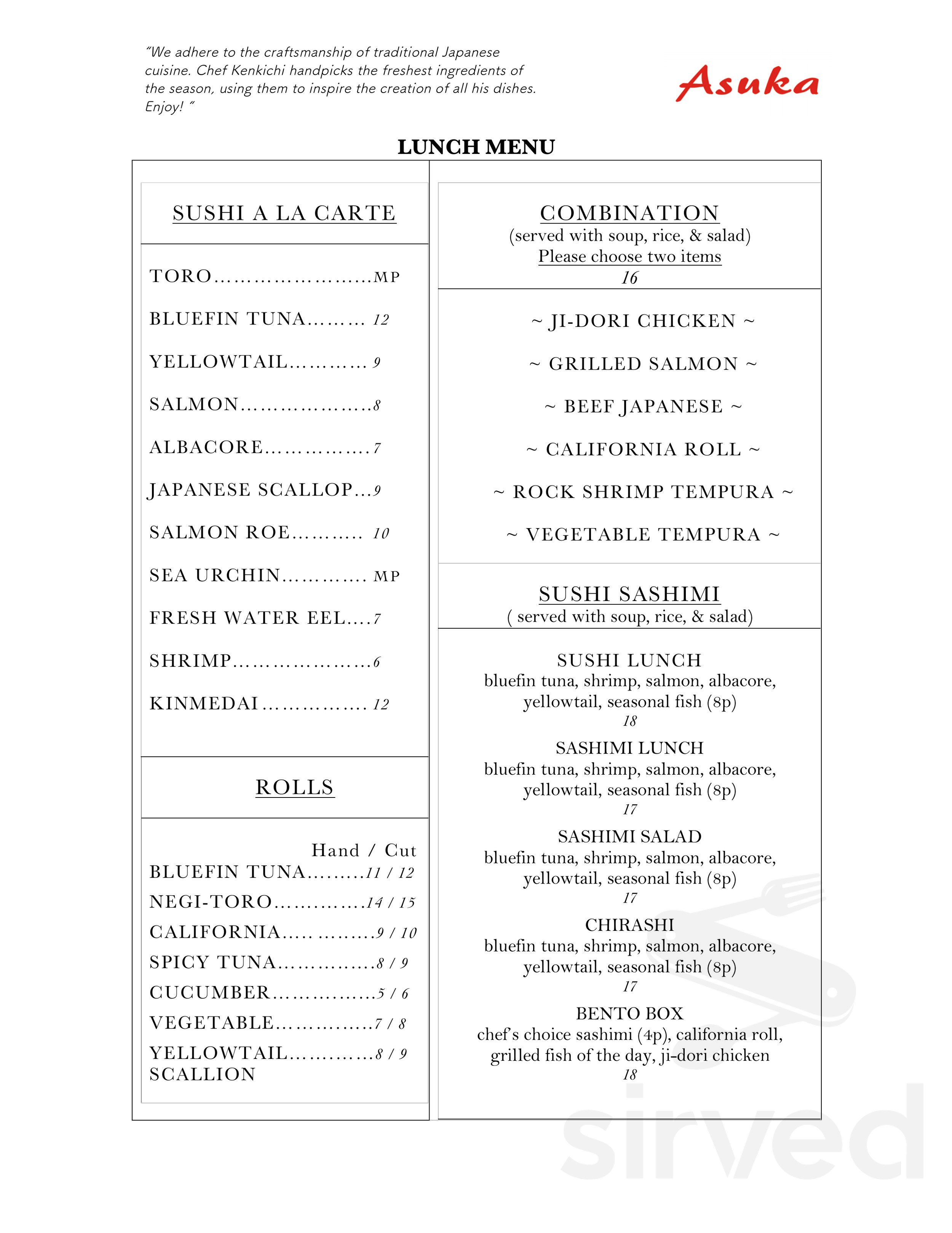 Asuka menu in Los Angeles, California
