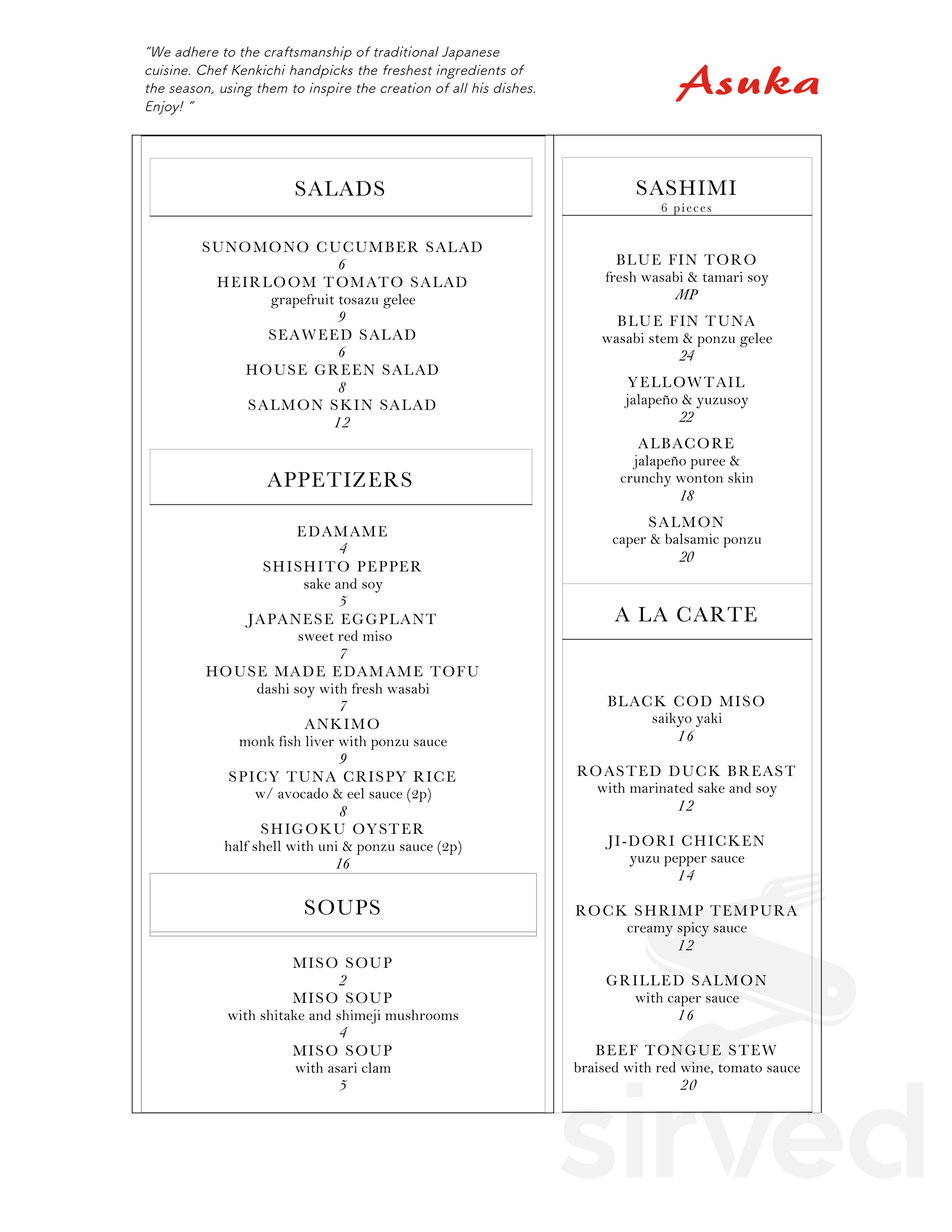 Asuka menu in Los Angeles, California