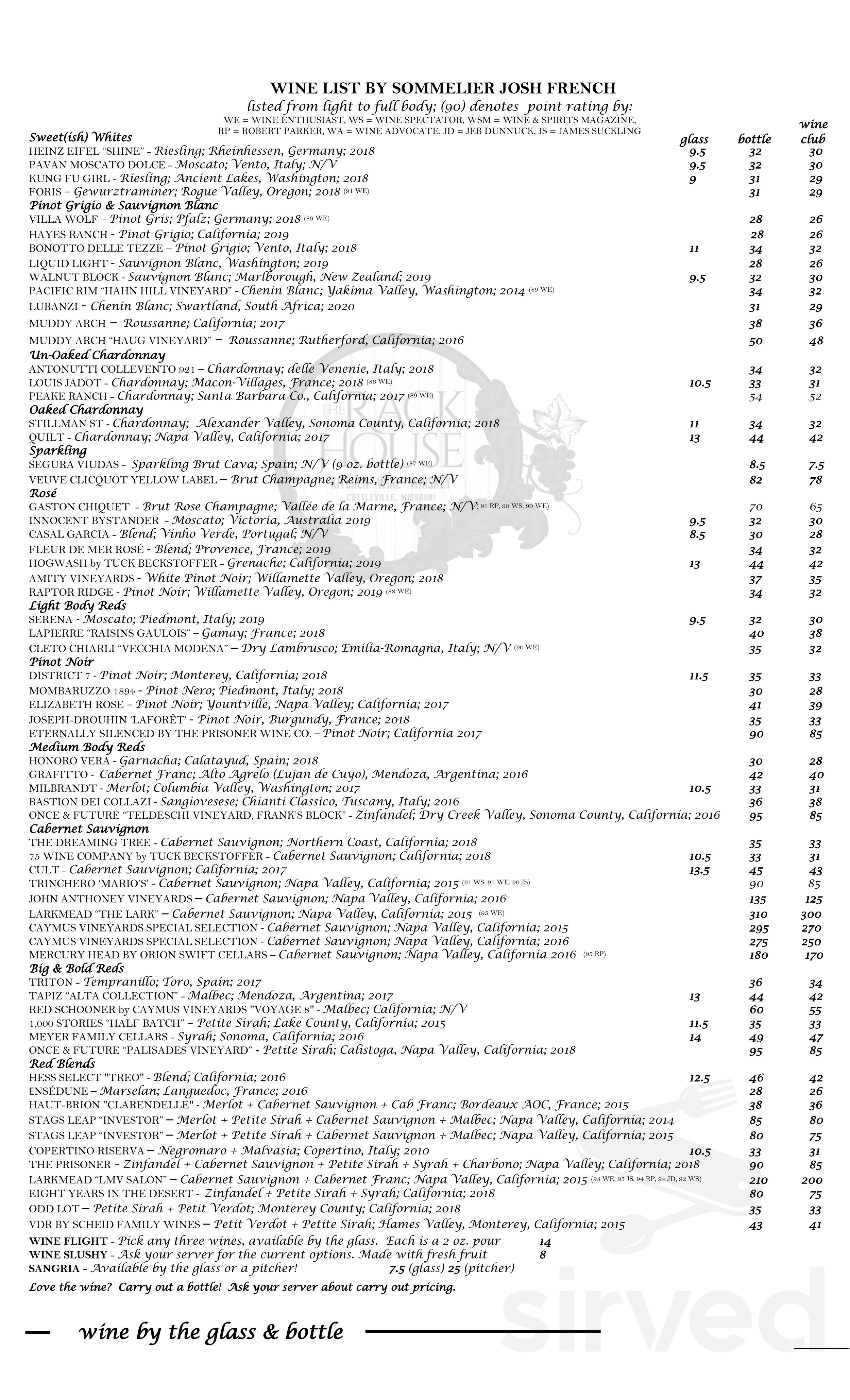 The Rack House Menu Menu for The Rack House Kitchen Wine Whiskey® in Cottleville, MO | Sirved