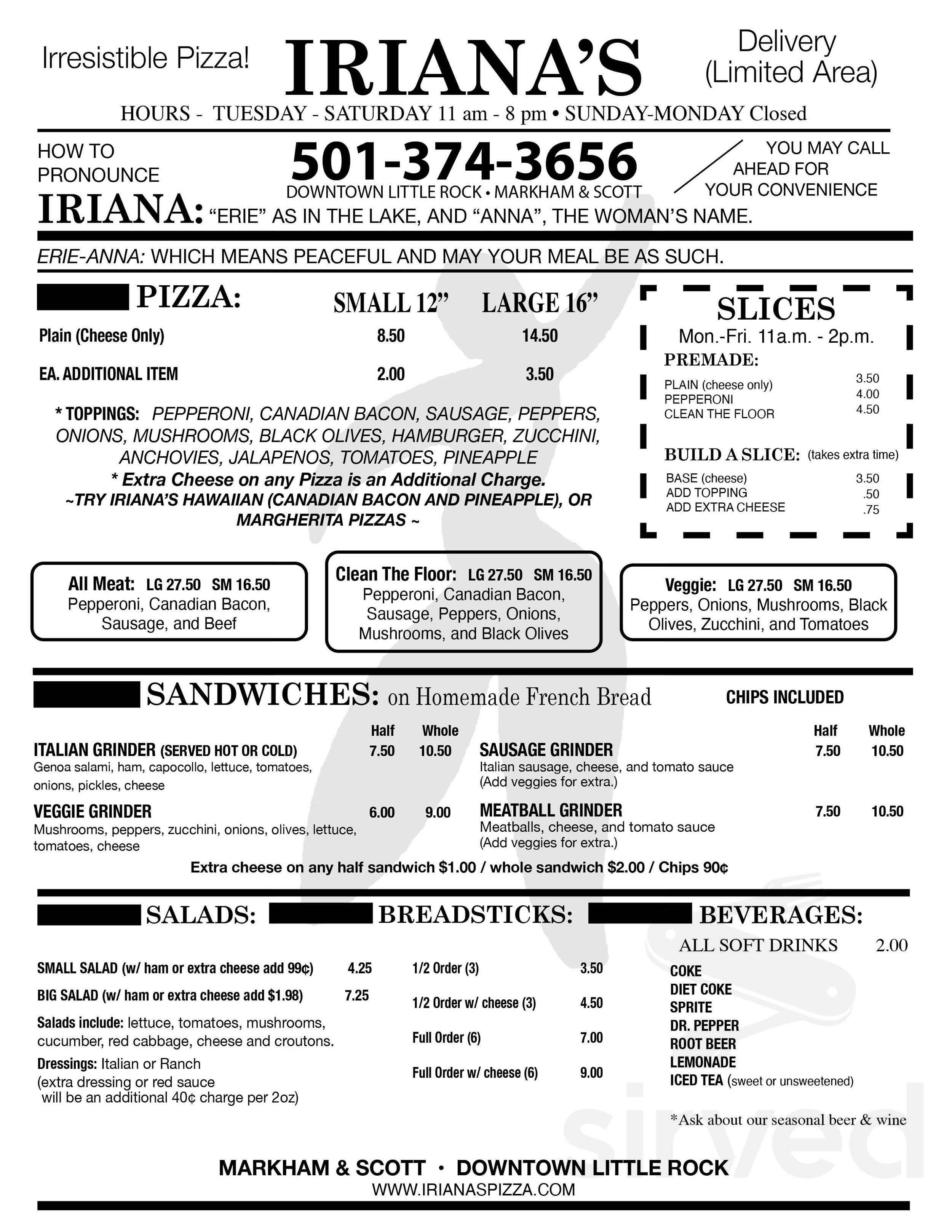 Iriana's Pizza menu in Little Rock, Arkansas, USA