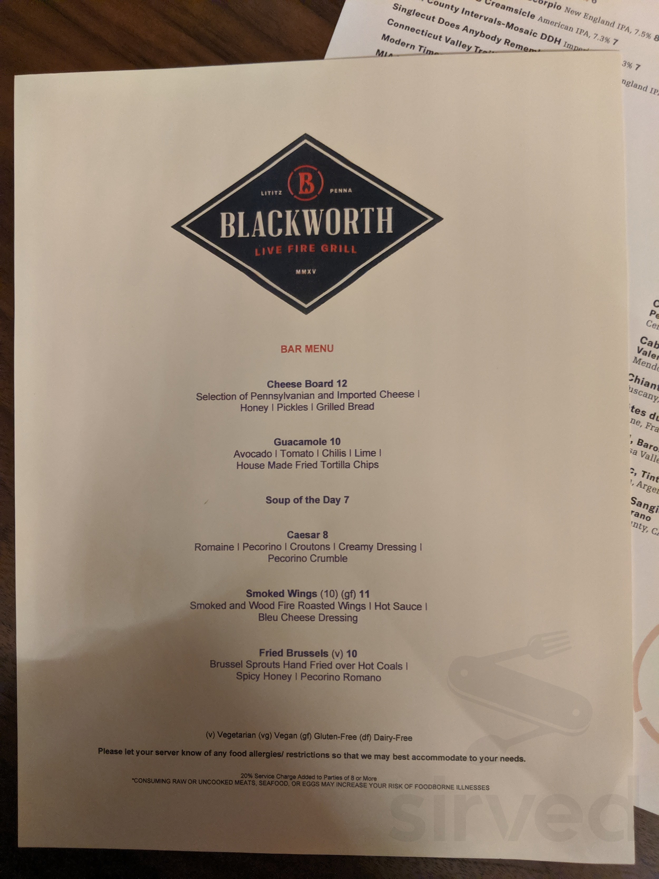 Menu Lititz PA's Blackworth Live Fire Grill Sirved
