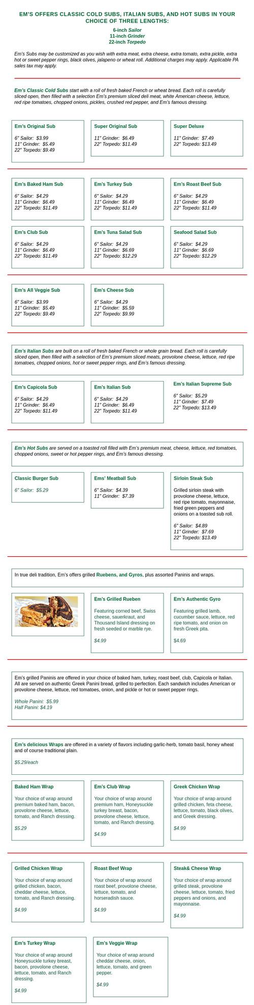 Em's Subs menu in Somerset, Pennsylvania, USA