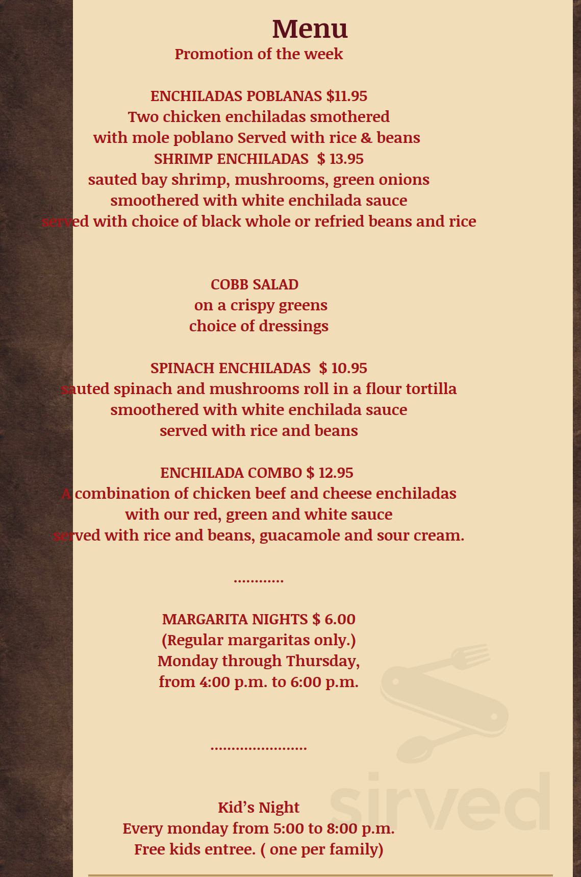La Fuente Mexican Restaurant & Blue Iguana Bar menu in Brentwood