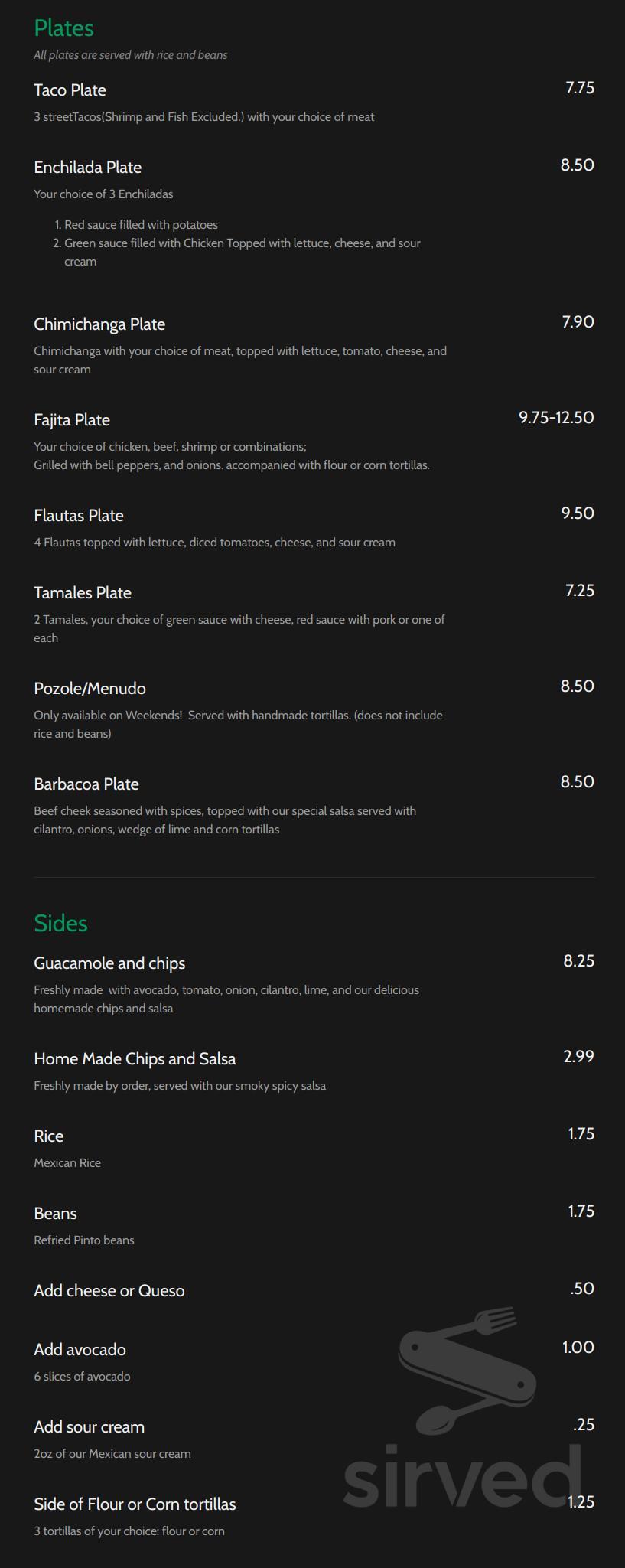 Matachines Authentic Méxican Food menu in Edmond, Oklahoma
