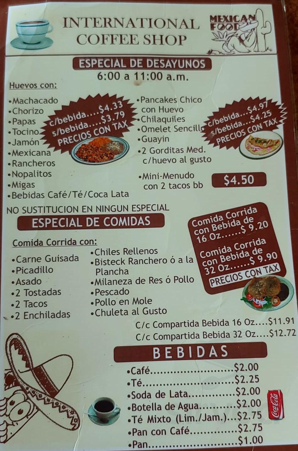 International Coffee Shop menu in Brownsville, Texas, USA