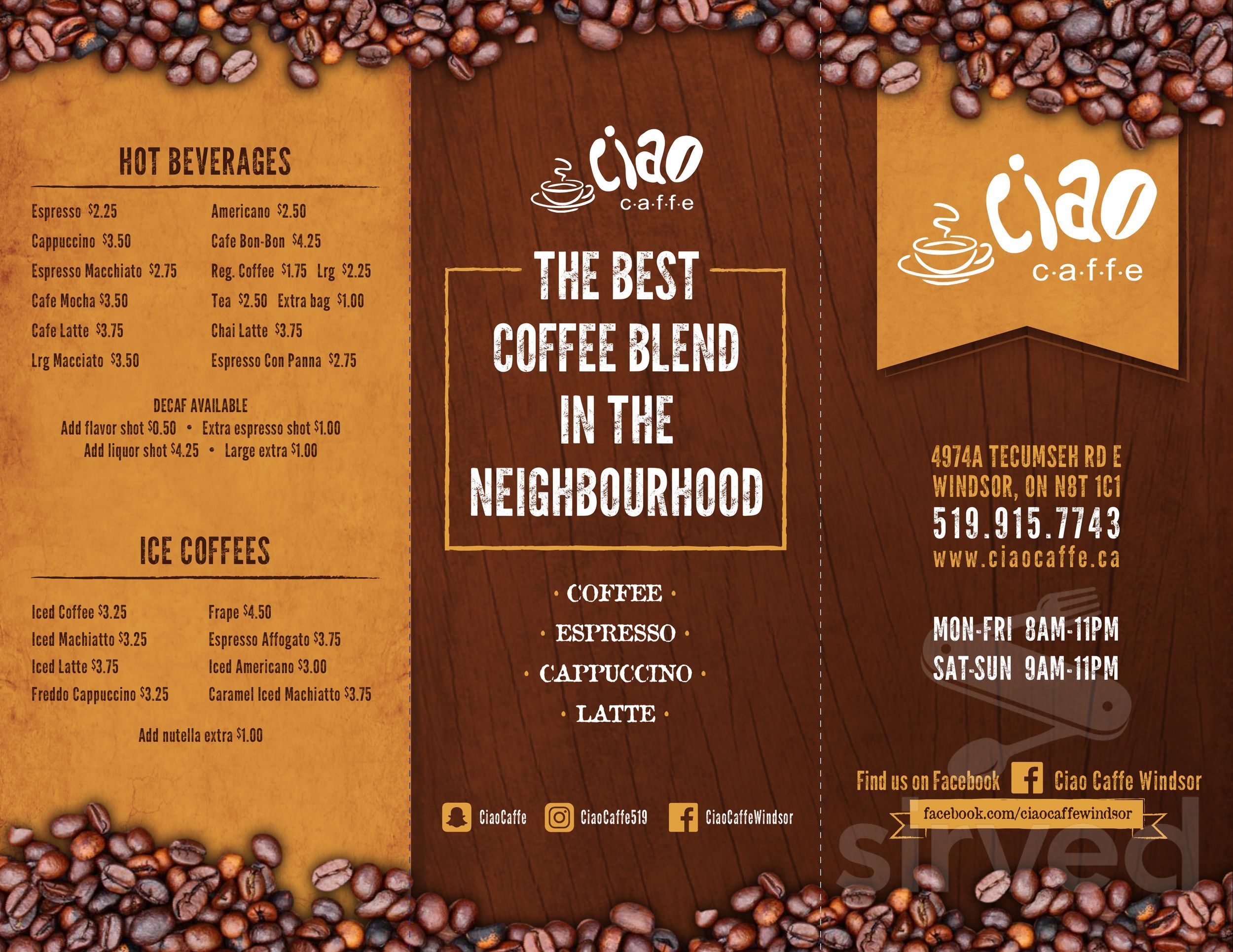 Menu - Windsor ON's Ciao Caffe | Sirved