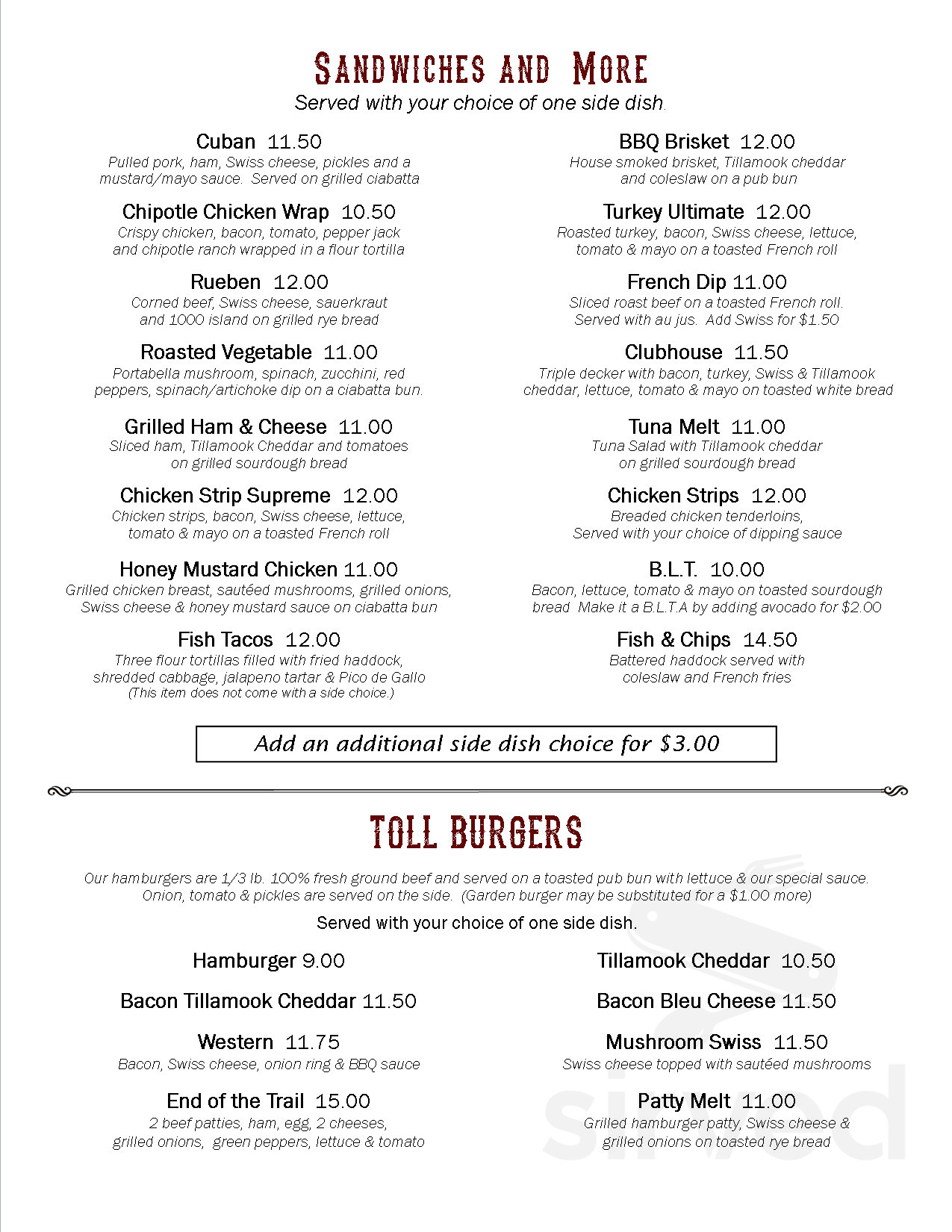 Menu Sandy OR's Tollgate Inn Restaurant & Saloon Sirved
