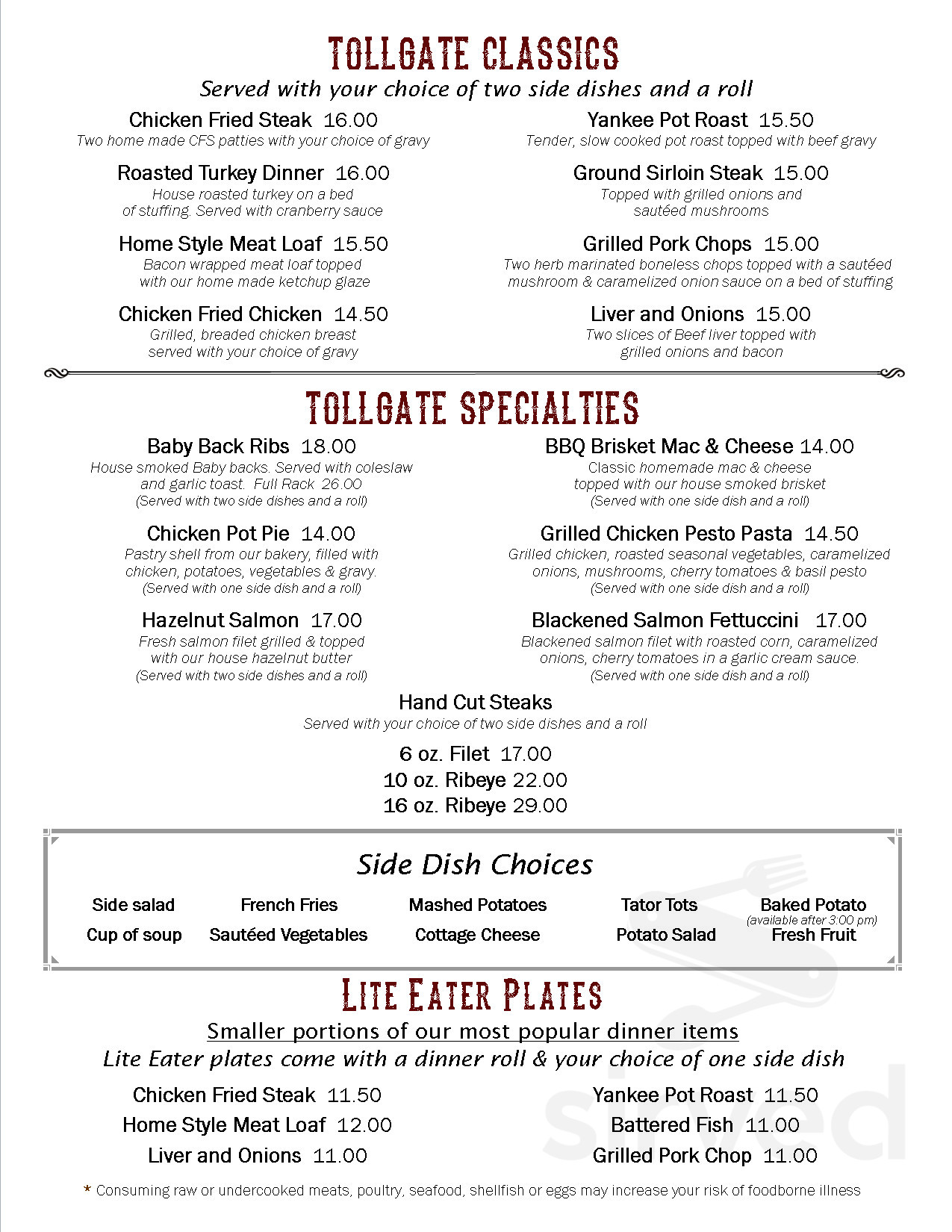 Menu Sandy OR's Tollgate Inn Restaurant & Saloon Sirved