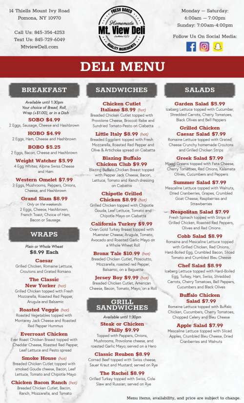 Mountain View Deli menu in Pomona, New York, USA