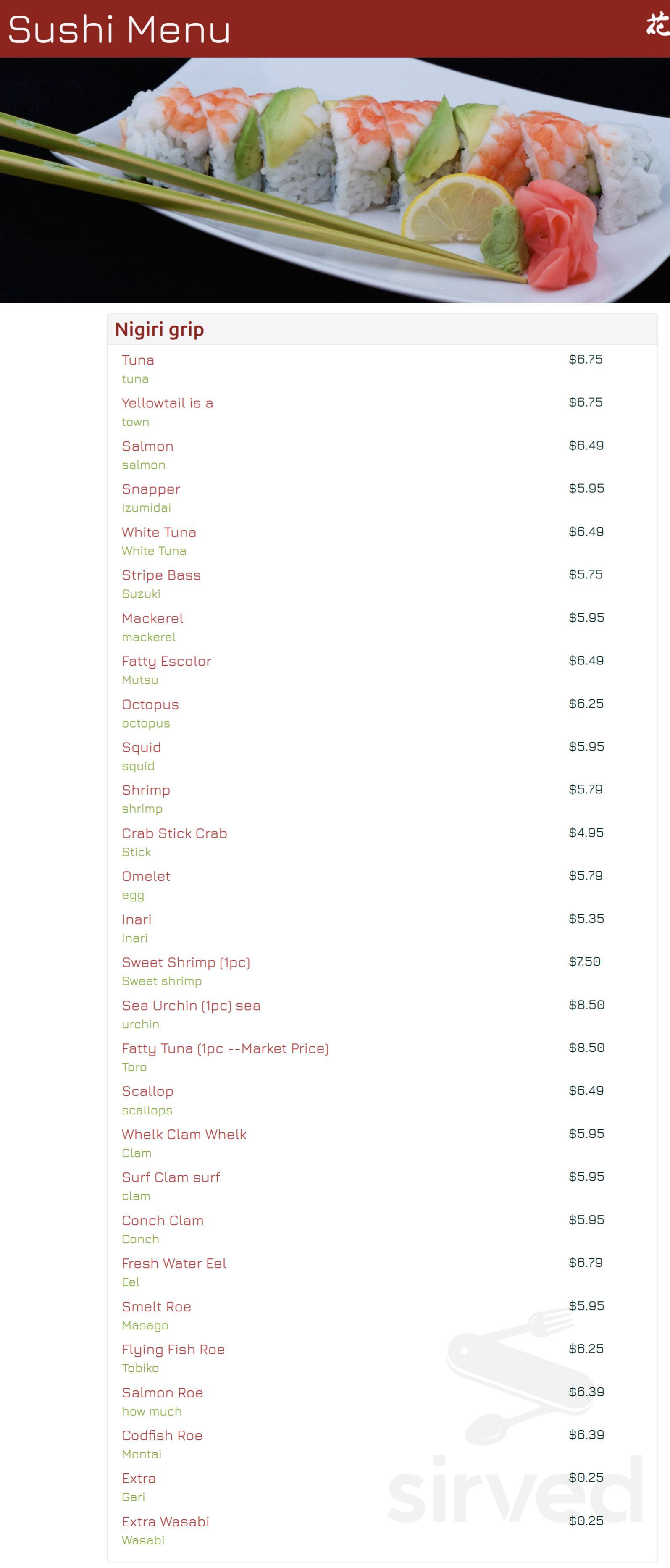 Kashin Japanese Restaurant menu in Cary, North Carolina, USA