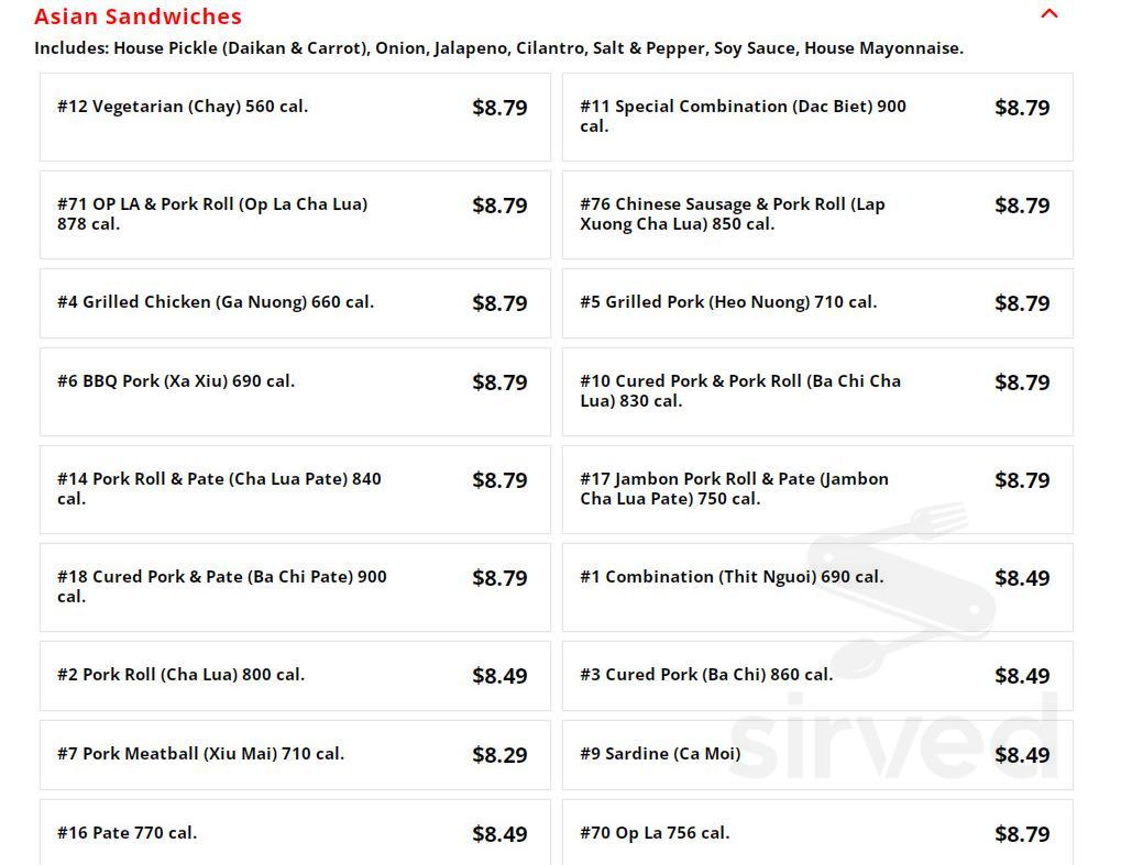 Menu Falls Church VA's Lee's Sandwiches Sirved