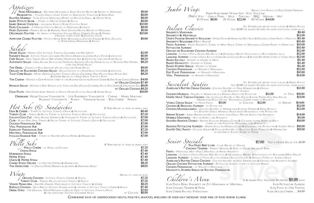Dino's Italian Pizzeria menus in Bessemer City, North Carolina, United ...