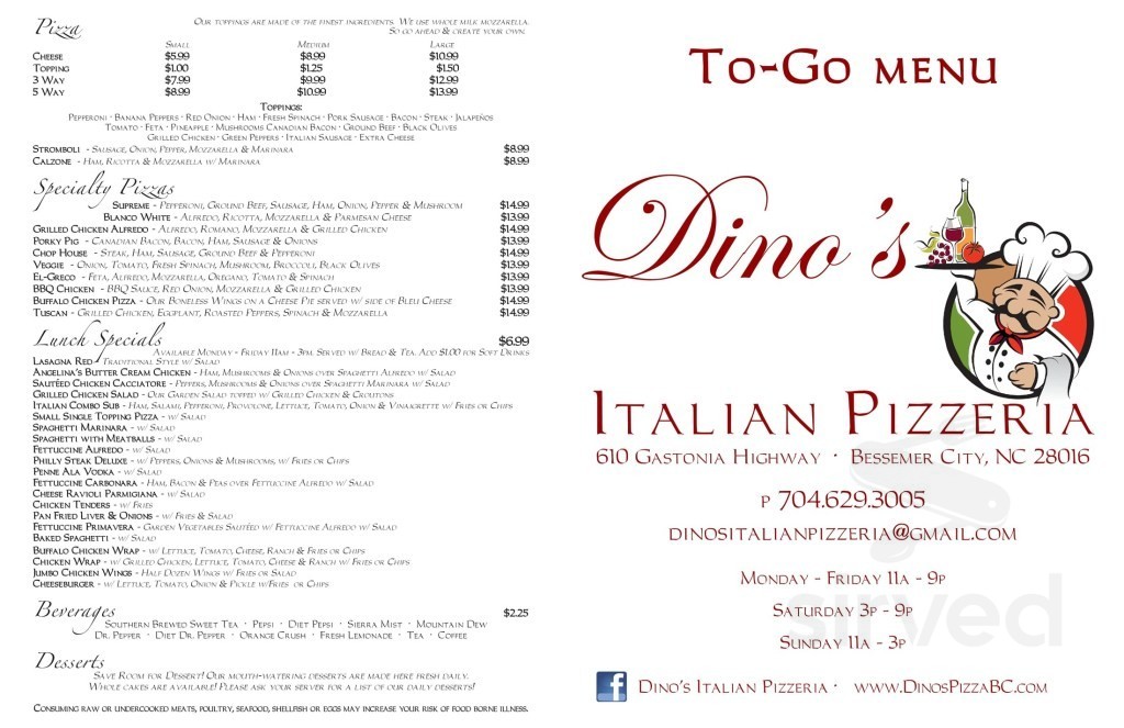 Dino's Italian Pizzeria menu in Bessemer City, North Carolina, USA