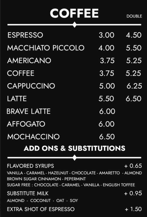 Veskolini Cafe menu in Dunedin, Florida, USA