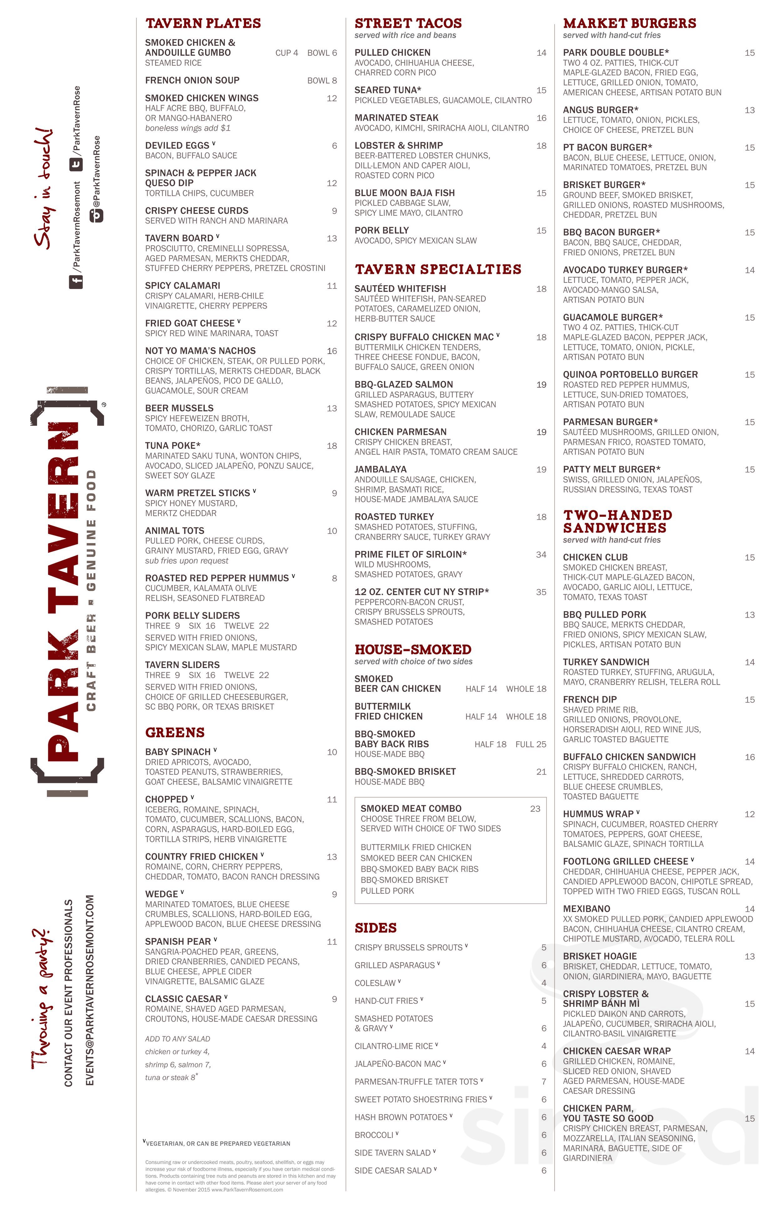 Park Tavern menu in Rosemont, Illinois, USA