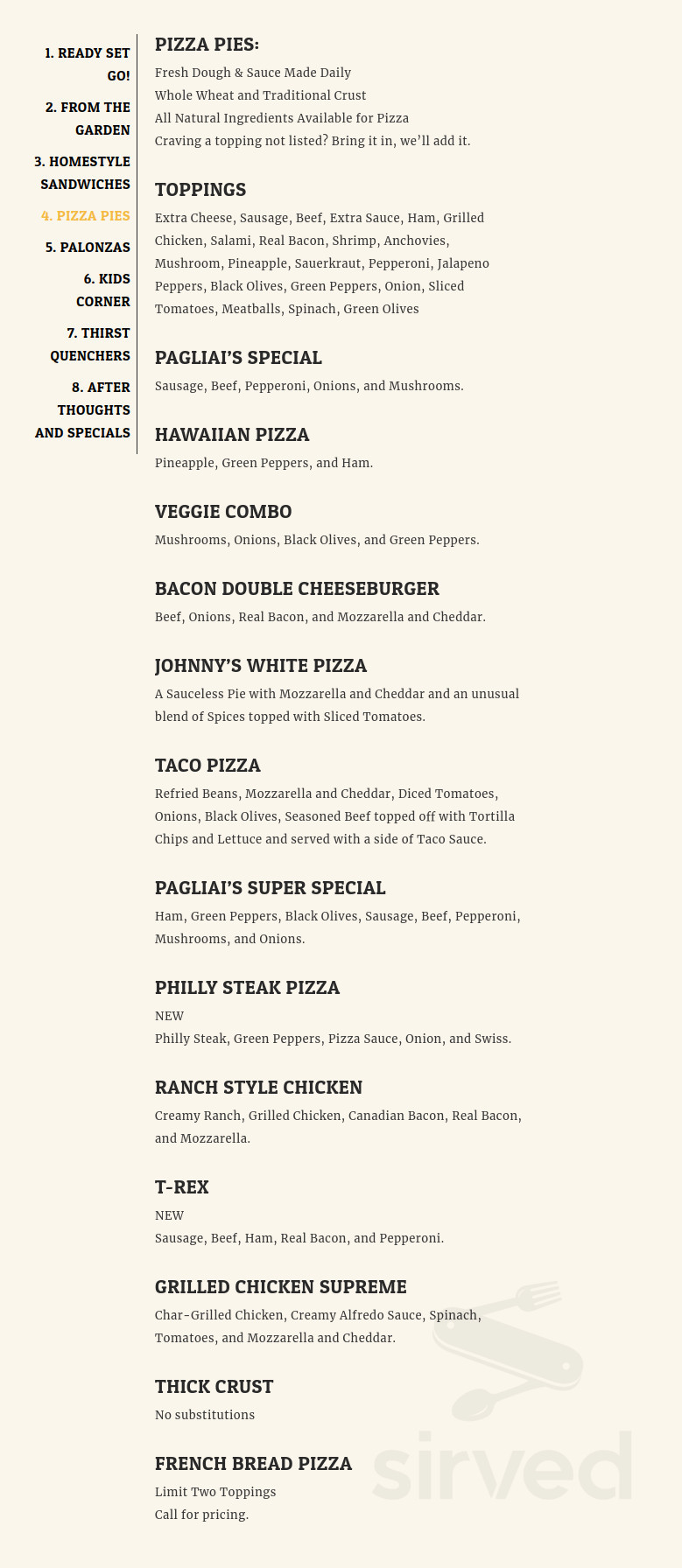 Pagliai's Pizza menu in Kirksville, Missouri, USA