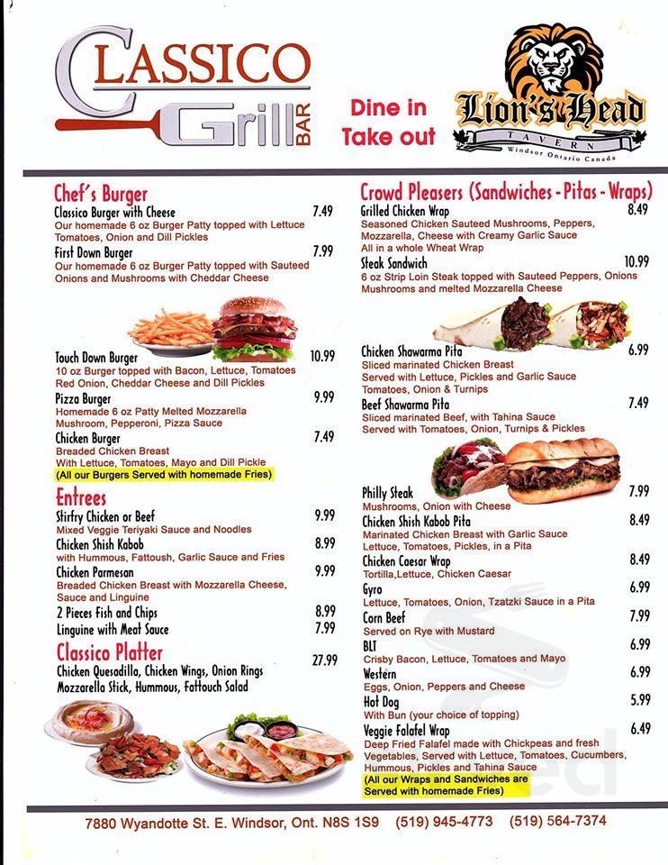 Lion's Head Tavern menu in Windsor, Ontario, Canada
