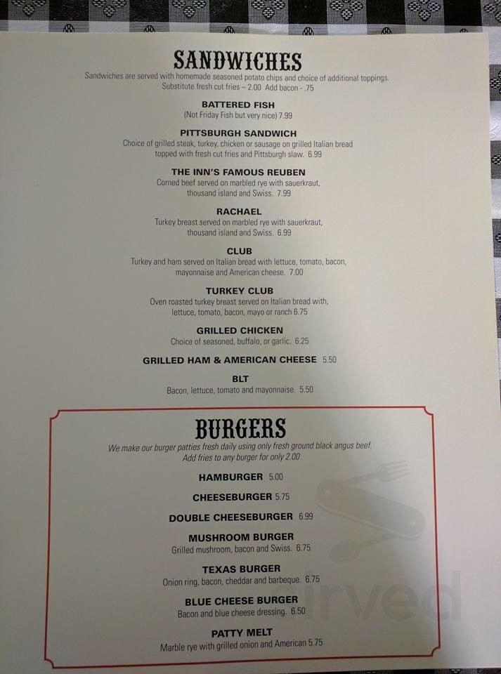 The Inn Restaurant & Bar menu in Kittanning, Pennsylvania, USA