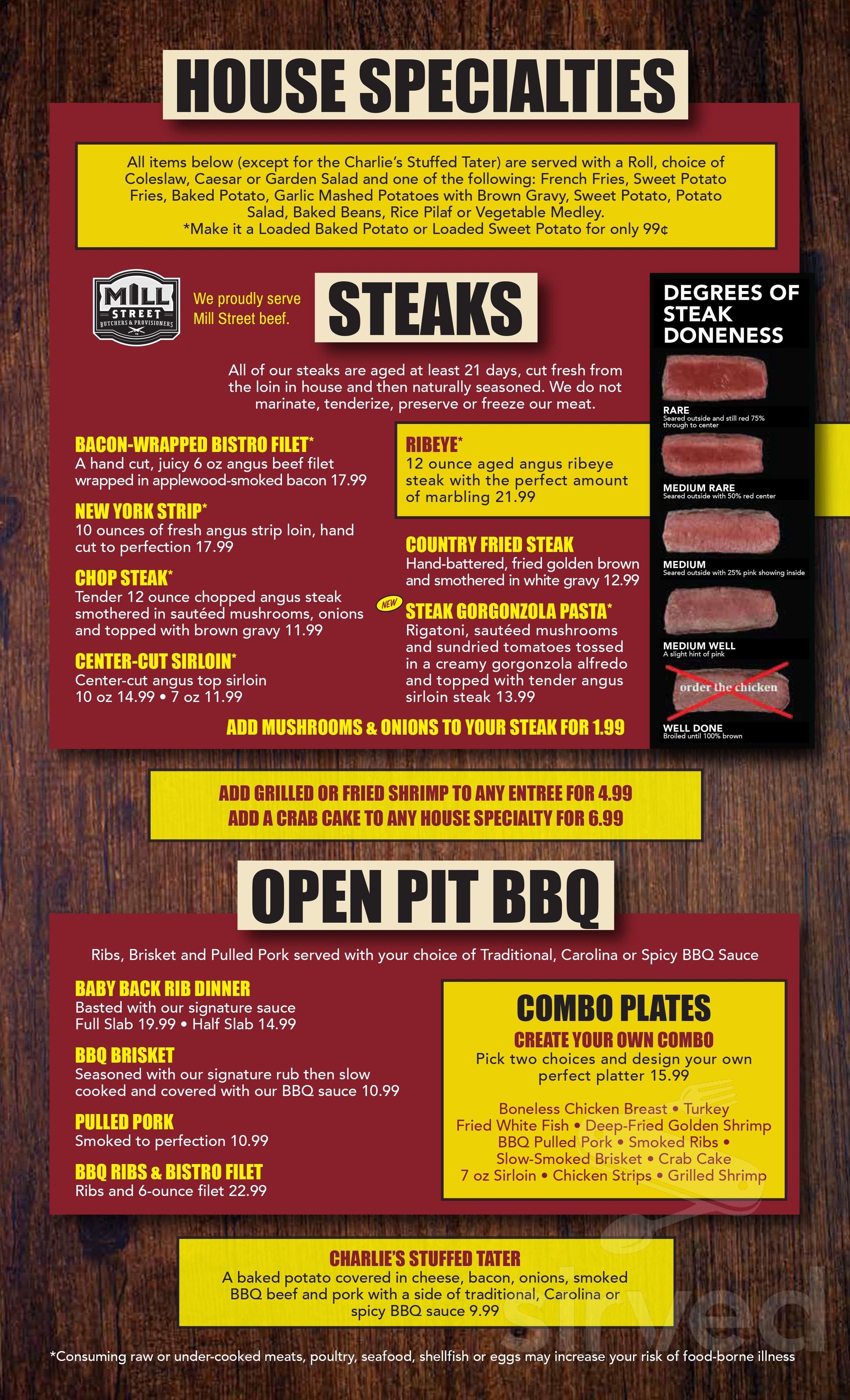 Charlie's Steak, Ribs & Ale menus in Branson, Missouri, United States