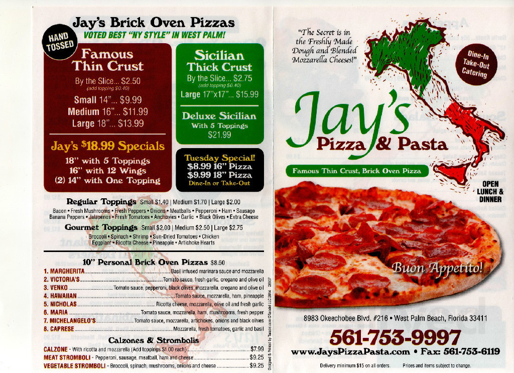 Jay's Pizza & Pasta menu in West Palm Beach, Florida, USA