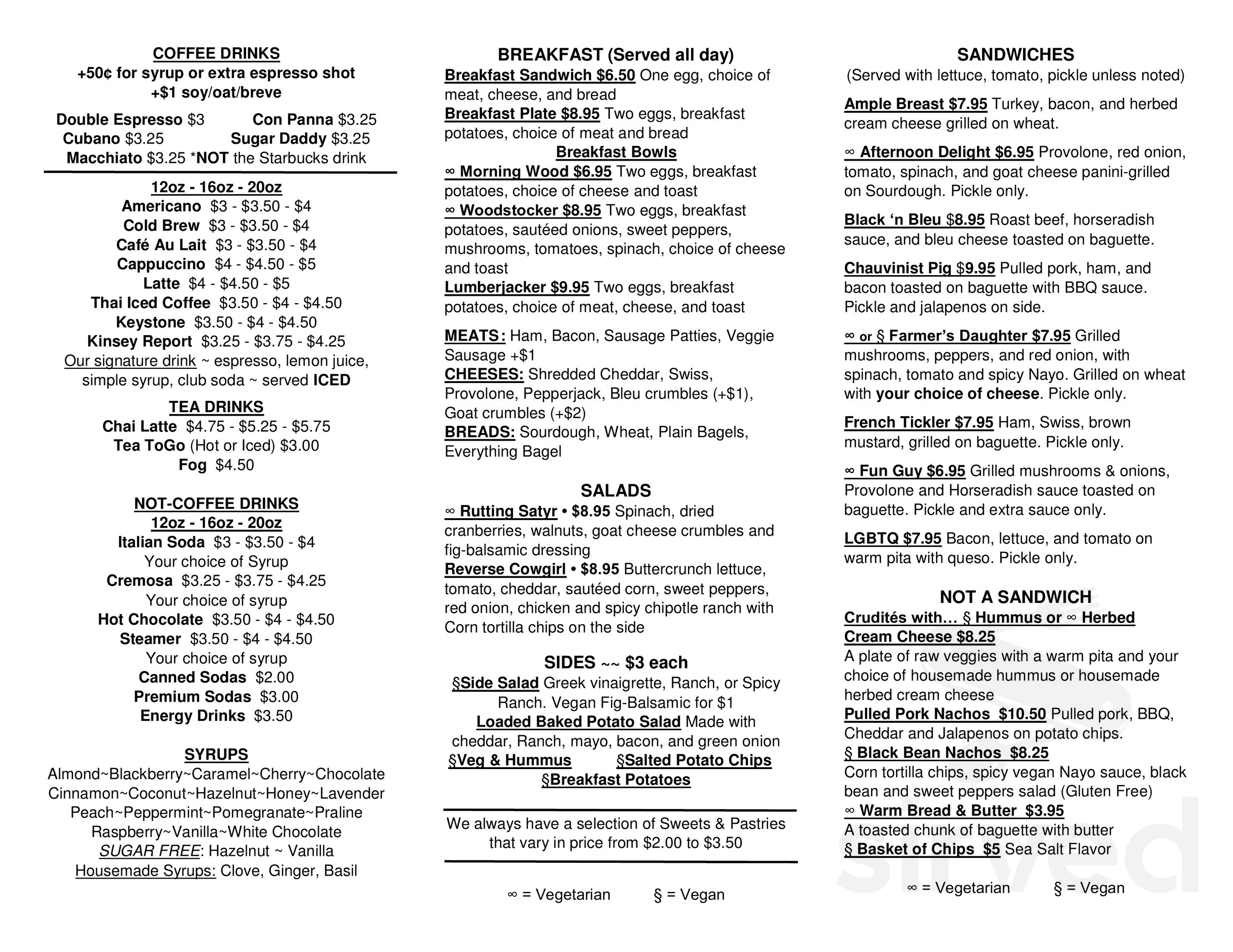 Shameless Grounds menu in St. Louis, Missouri, USA