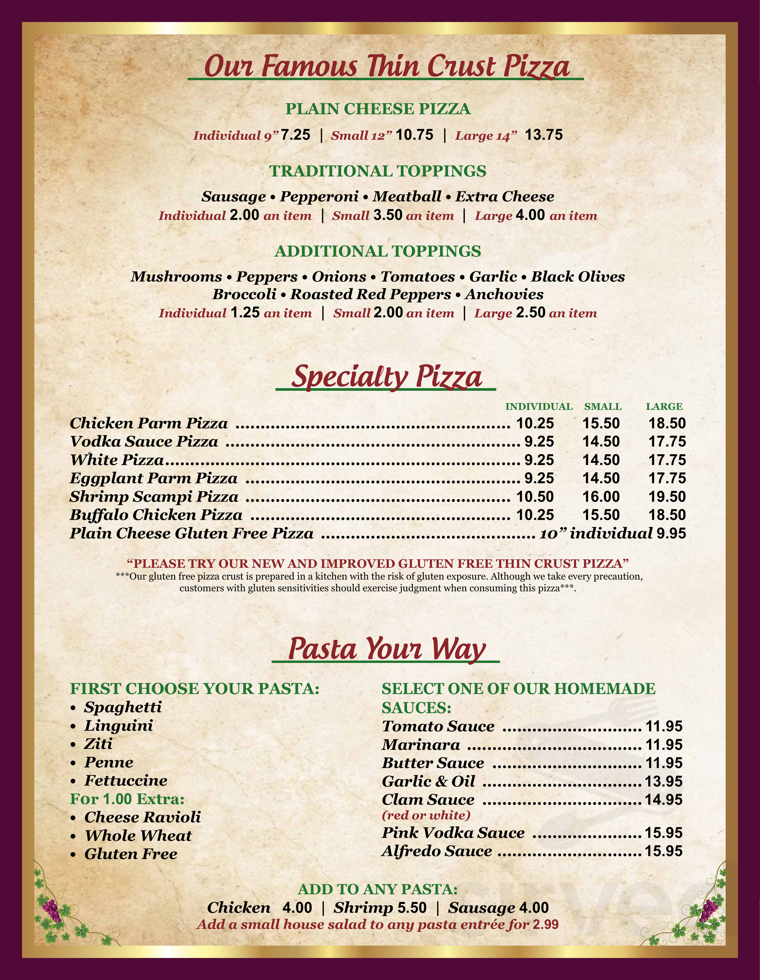 Menu Freehold NJ's Federici's Family Restaurant Sirved