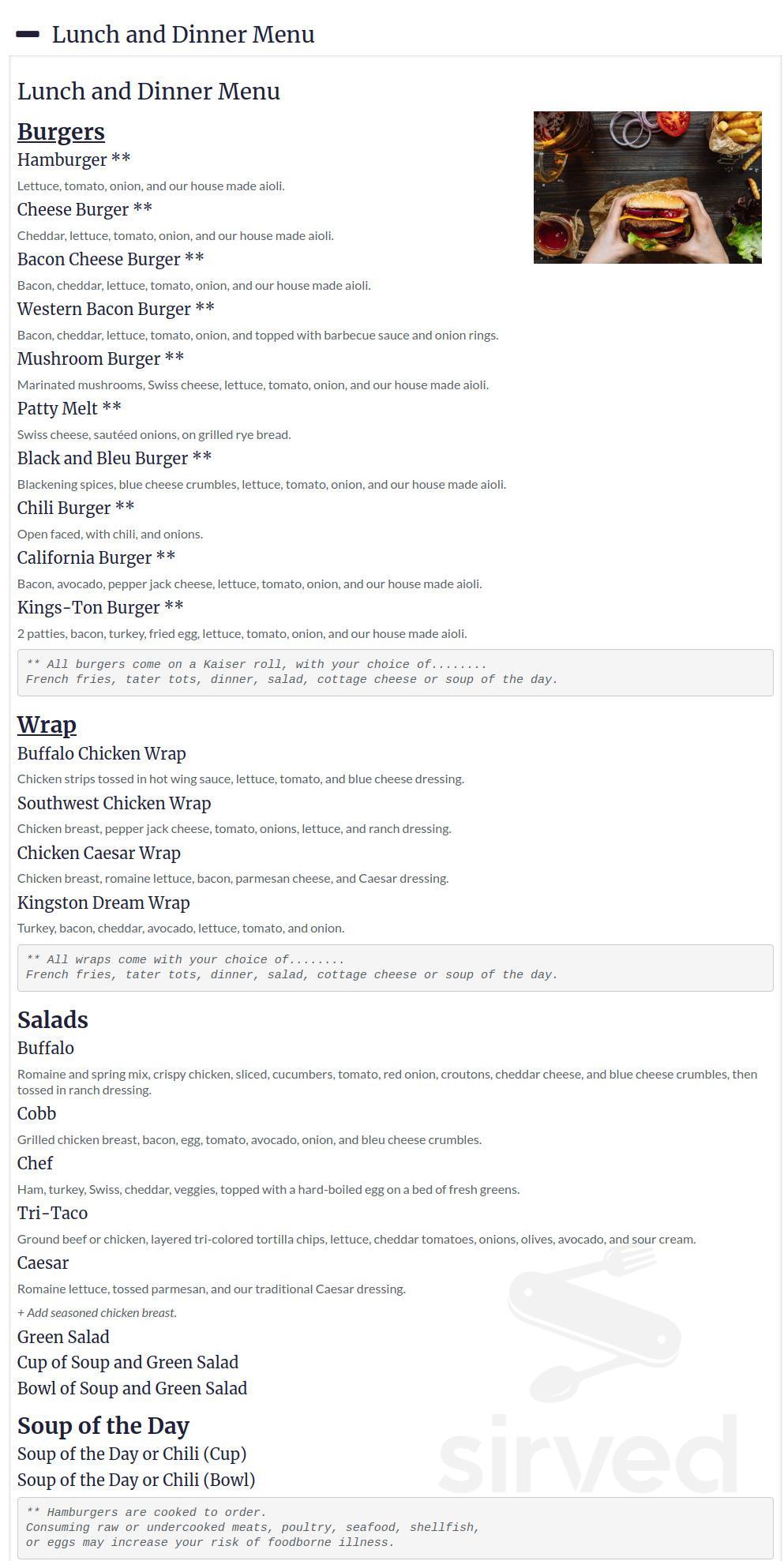 Menu Portland OR's Kingston Sports Bar & Grill Sirved