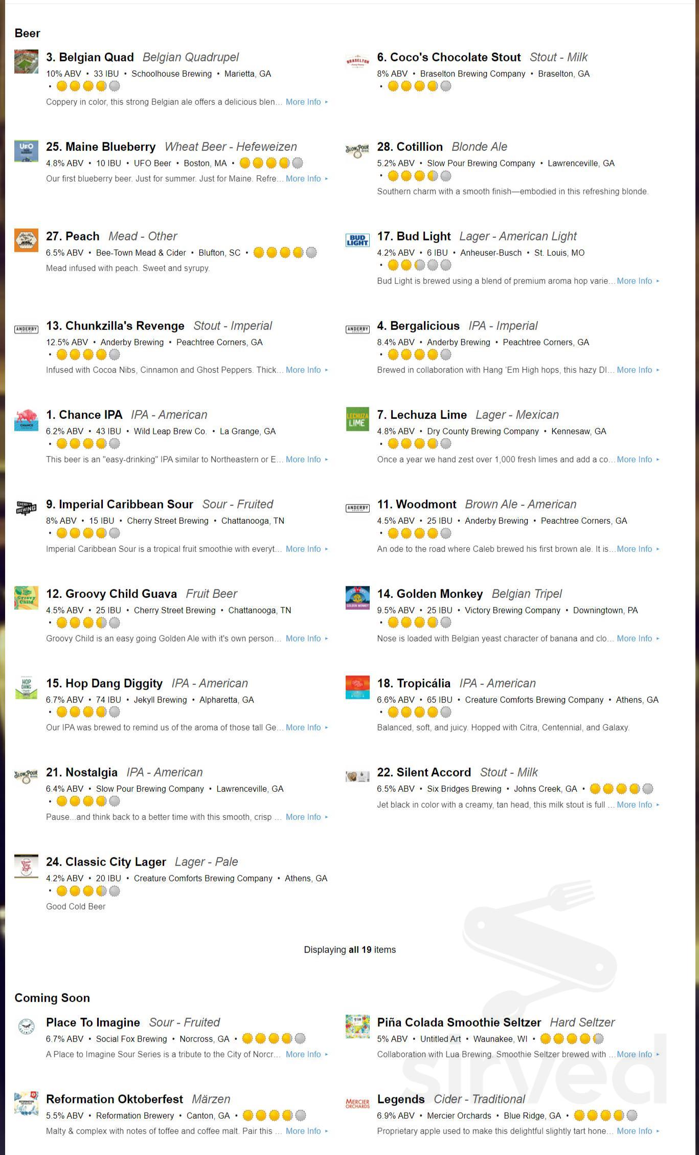 The Complex Sports and Entertainment menu in Buford, USA