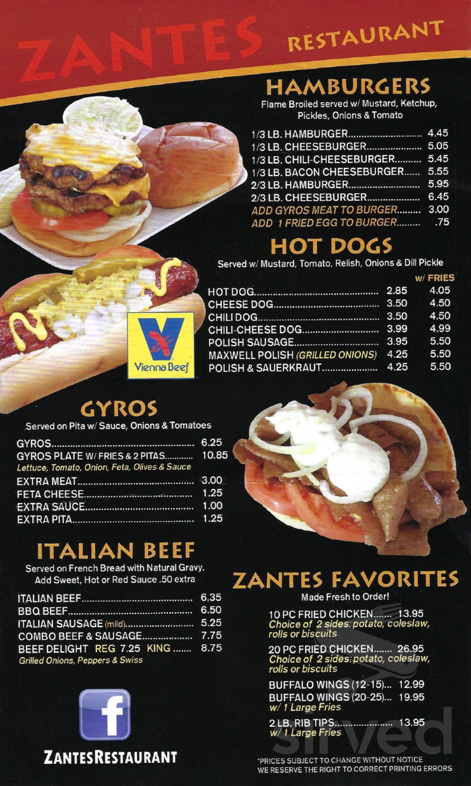 Menu for Zantes Restaurant in Hammond, IN | Sirved
