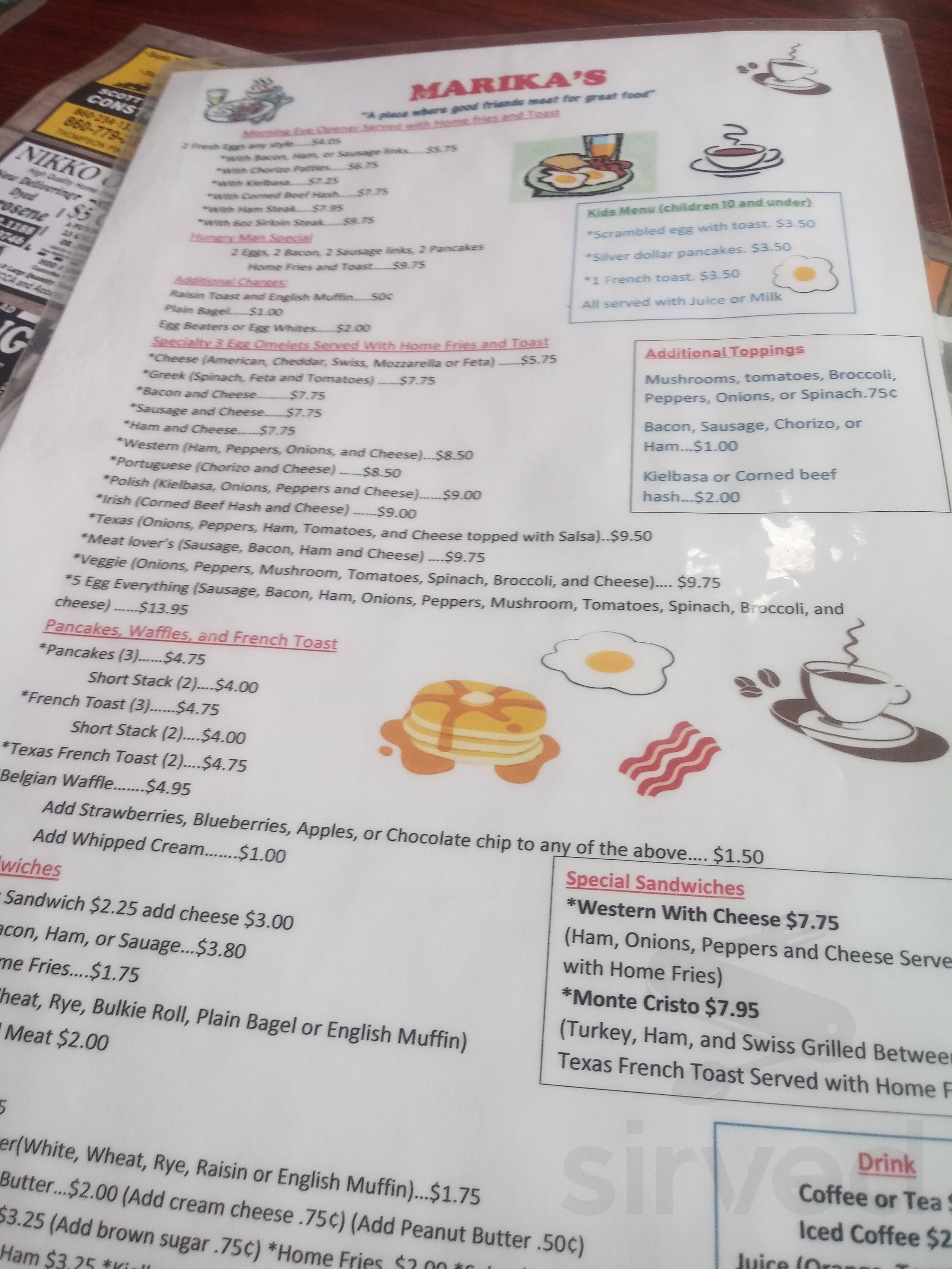 Menu for Marika's Place in Putnam, CT Sirved