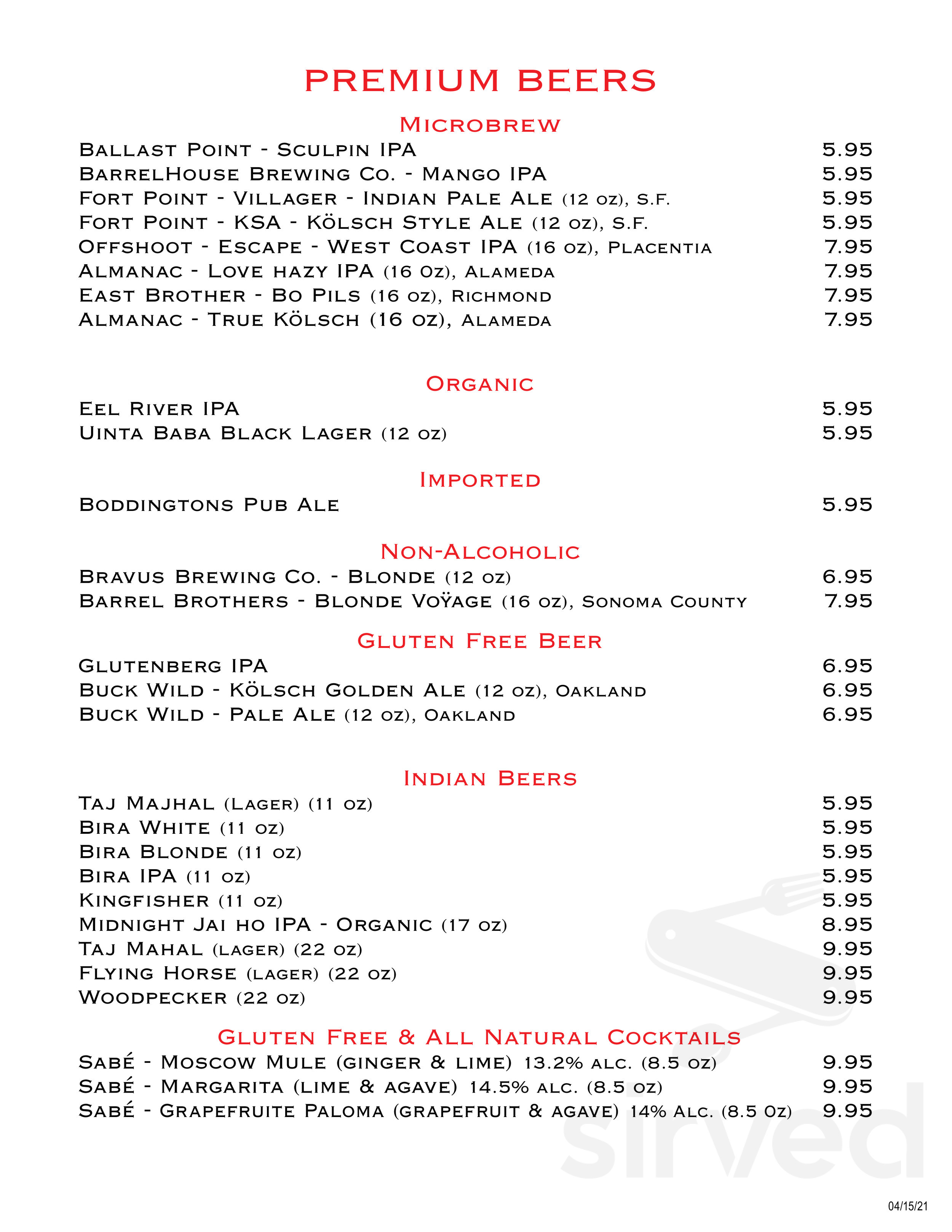 Lotus Cuisine of India menus in San Rafael, California, United States