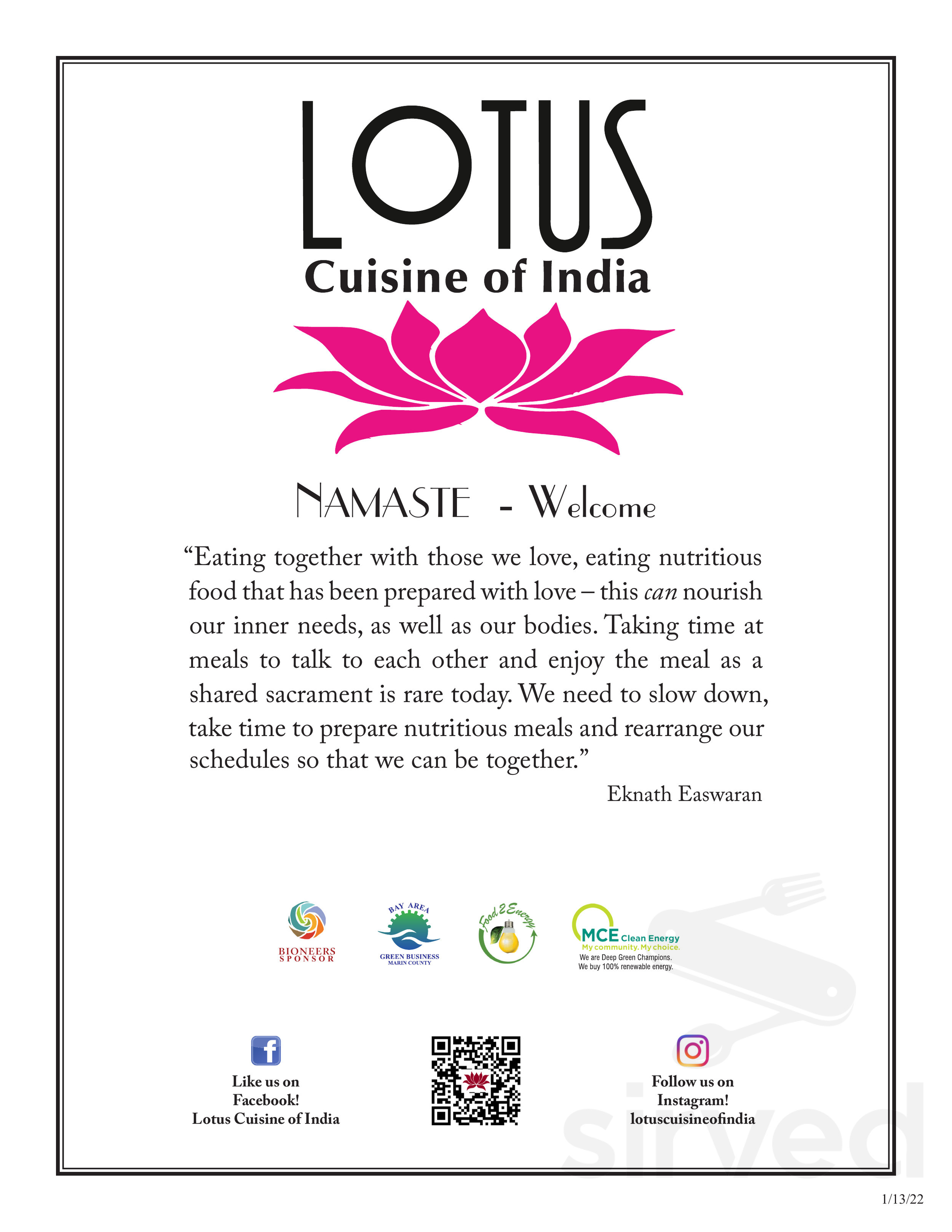 Lotus Cuisine of India menu in San Rafael, California, USA