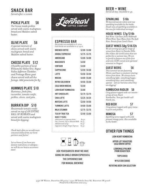 Lionheart Coffee Company menu in Beaverton, Oregon, USA
