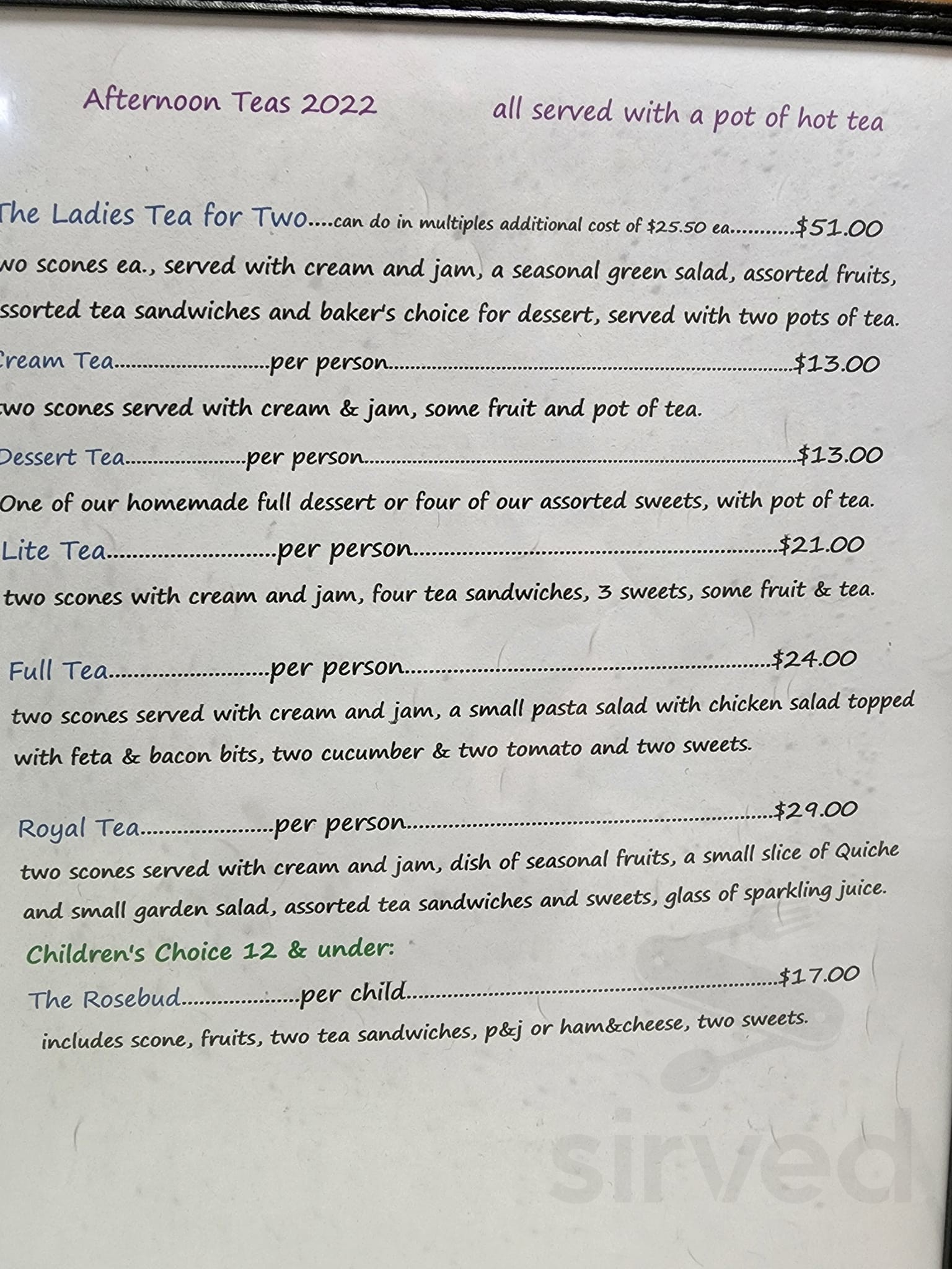 English Rose Tea Room menu in Virginia Beach, Virginia, USA