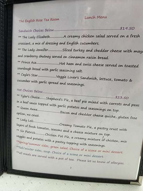 English Rose Tea Room menu in Virginia Beach, Virginia, USA