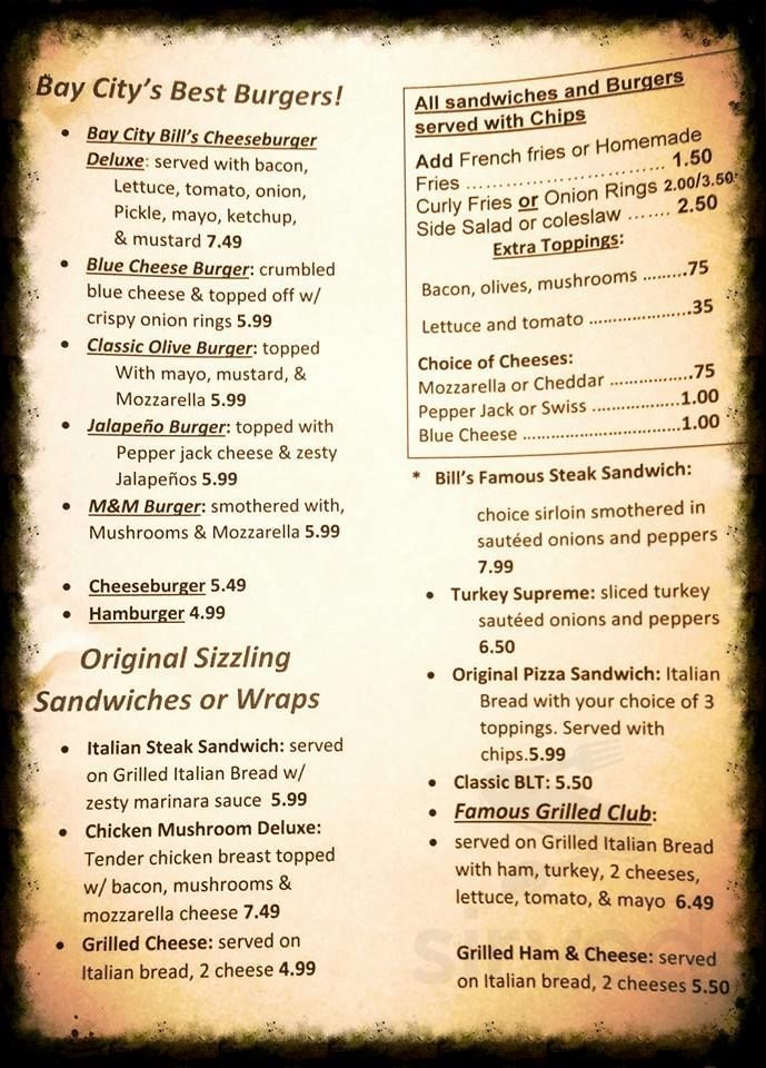 Bay City Bill's Bar & Grill menu in Bay City, Michigan, USA
