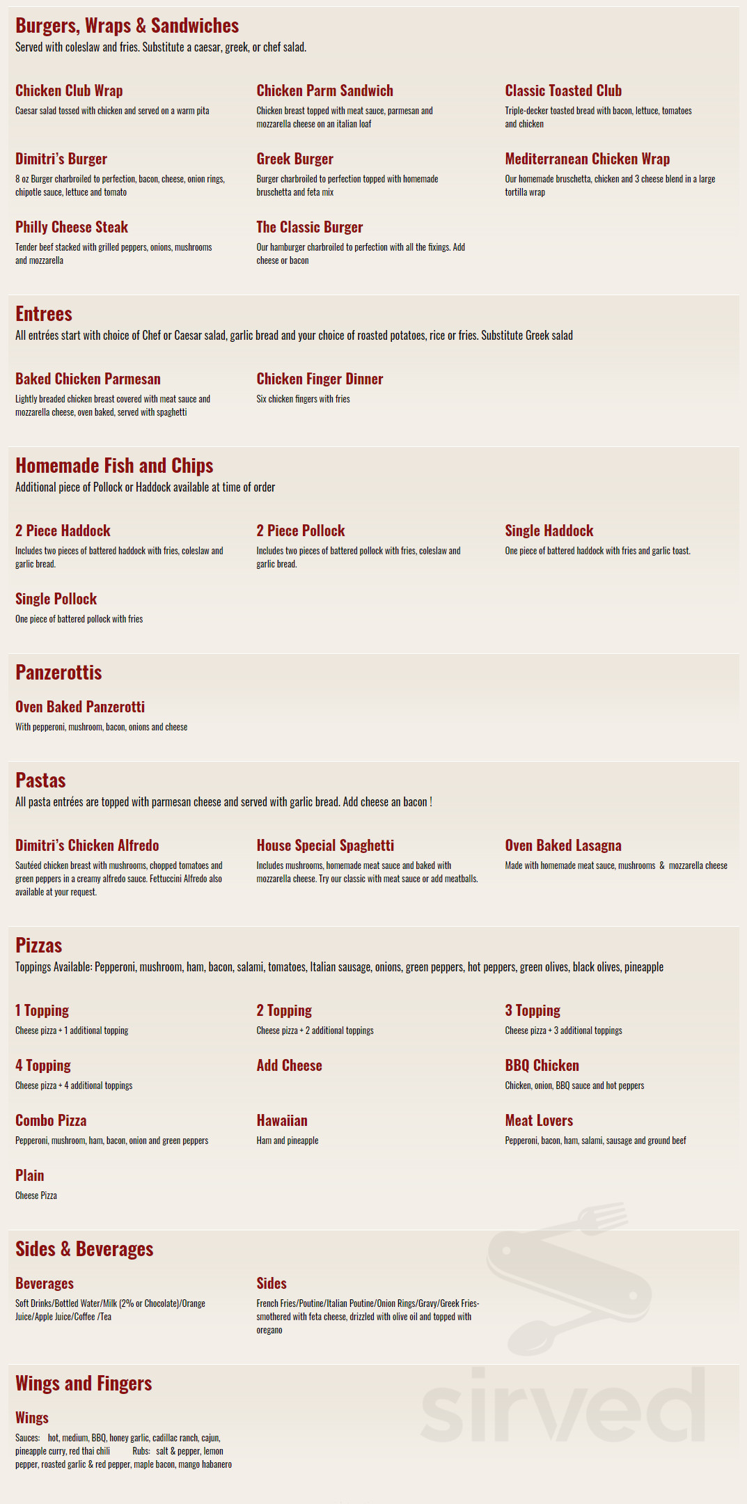 Dimitri's Pizzeria and Restaurant menu in Frankford, Ontario