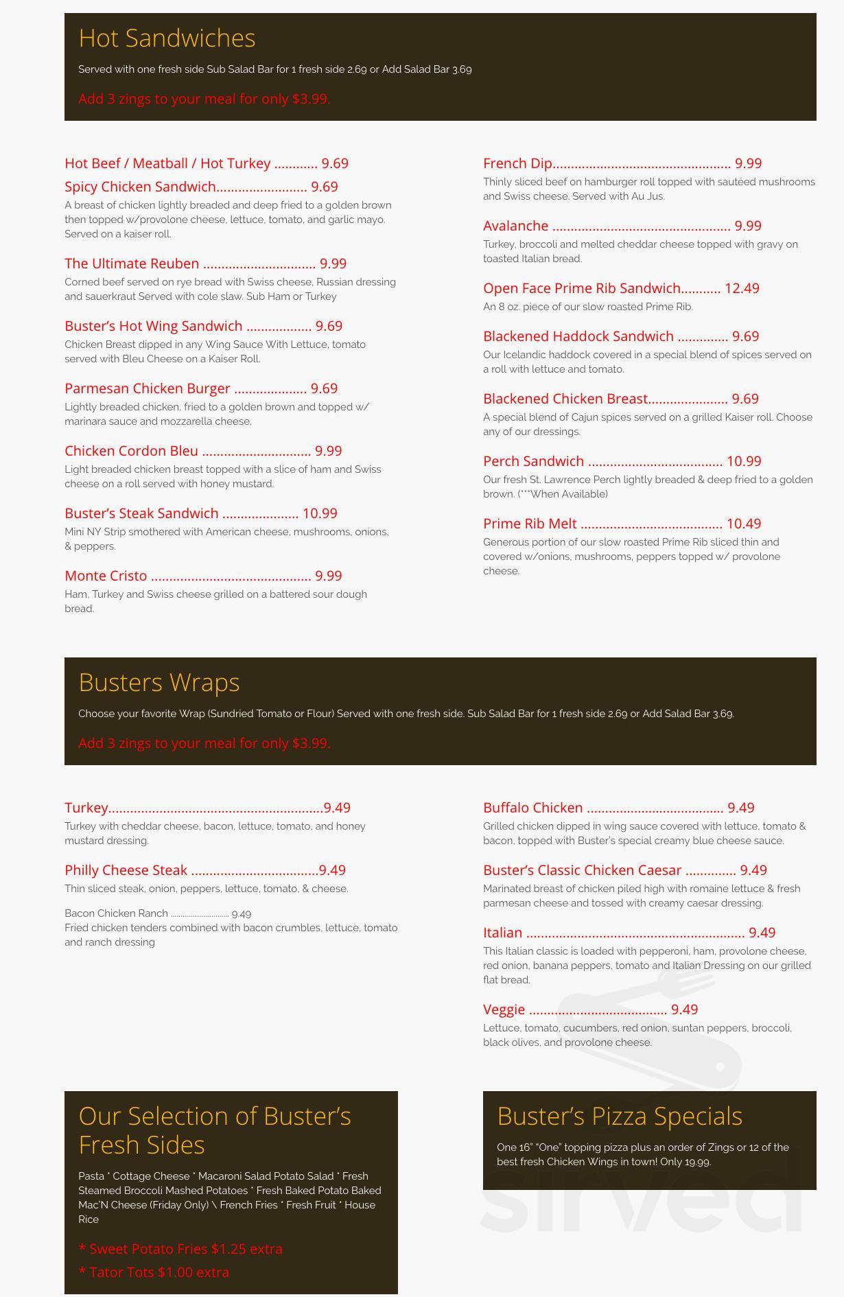 Buster's Restaurant menu in Ogdensburg, New York, USA